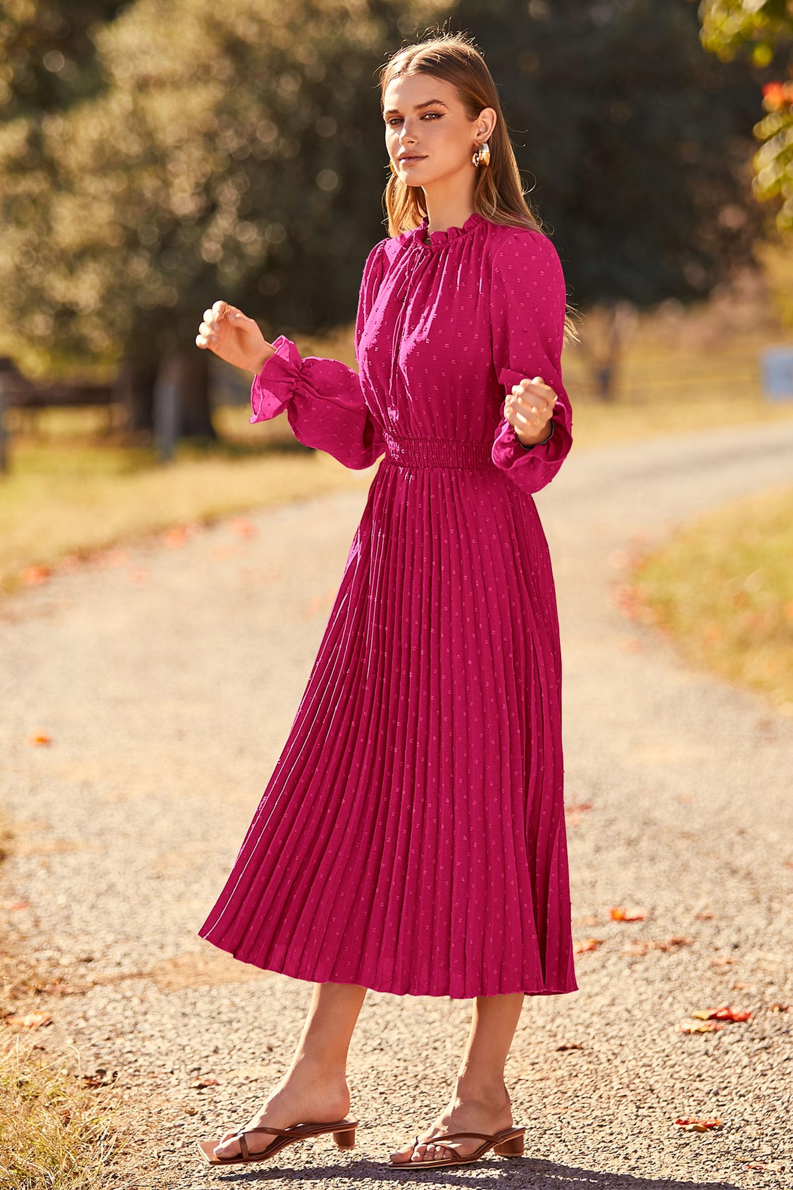 PRETTYGARDEN Women's Swiss Dot Pleated Midi Dress - Long Sleeve V-Neck A-Line Flowy Casual Dress for Spring Fall 2025 | Perfect for Office, Date Night & Special Occasions