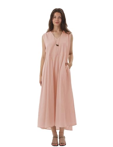 Lightweight Linen Summer Dress - Sleeveless V-Neck Minimalist Casual Dress for Women (Size L, Peach) | Perfect for Beach Vacations, Brunch Dates & Summer Outings