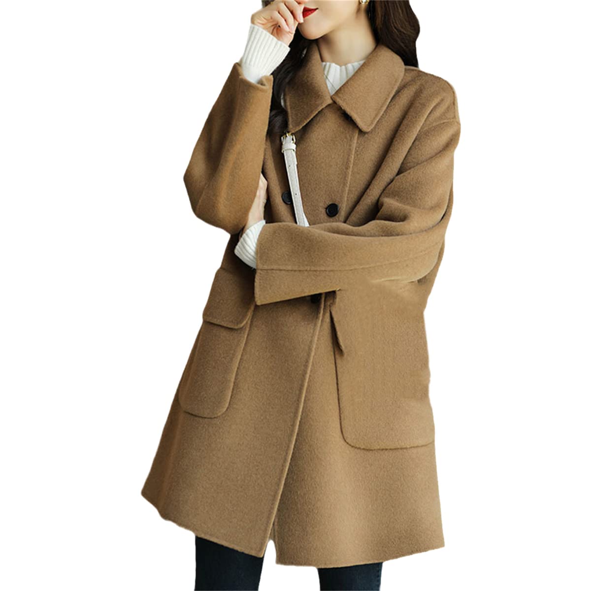 Women's Wool Coat for Autumn & Winter - Fashionable Office Jacket in Coffee Color, Thickened Slim Fit Mid-Length Outerwear - Perfect for Work, Commuting & Casual Outings