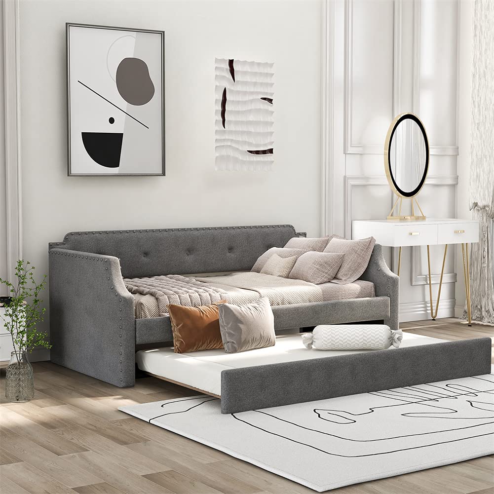 Twin Size Trundle Daybed with Upholstered Tufted Design - Wood Slat Support Sofa Bed Frame, No Box Spring Needed (Gray) - Perfect for Guest Rooms, Small Apartments & Multi-Functional Living Spaces