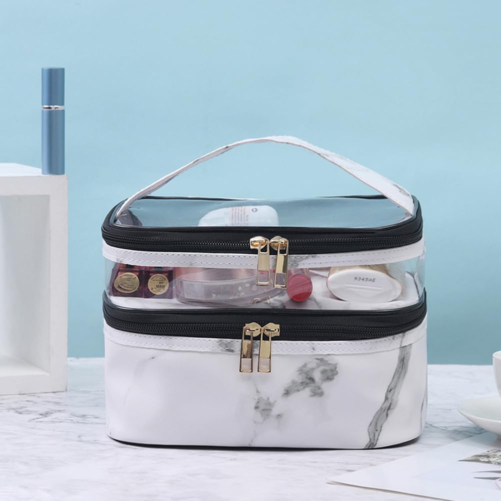 FITINI Double Layer Water-resistant Makeup Bag Travel Cosmetic Organizer with Brush Holder - White Marble Design for Women | Perfect for Travel, Gym, and Daily Makeup Storage