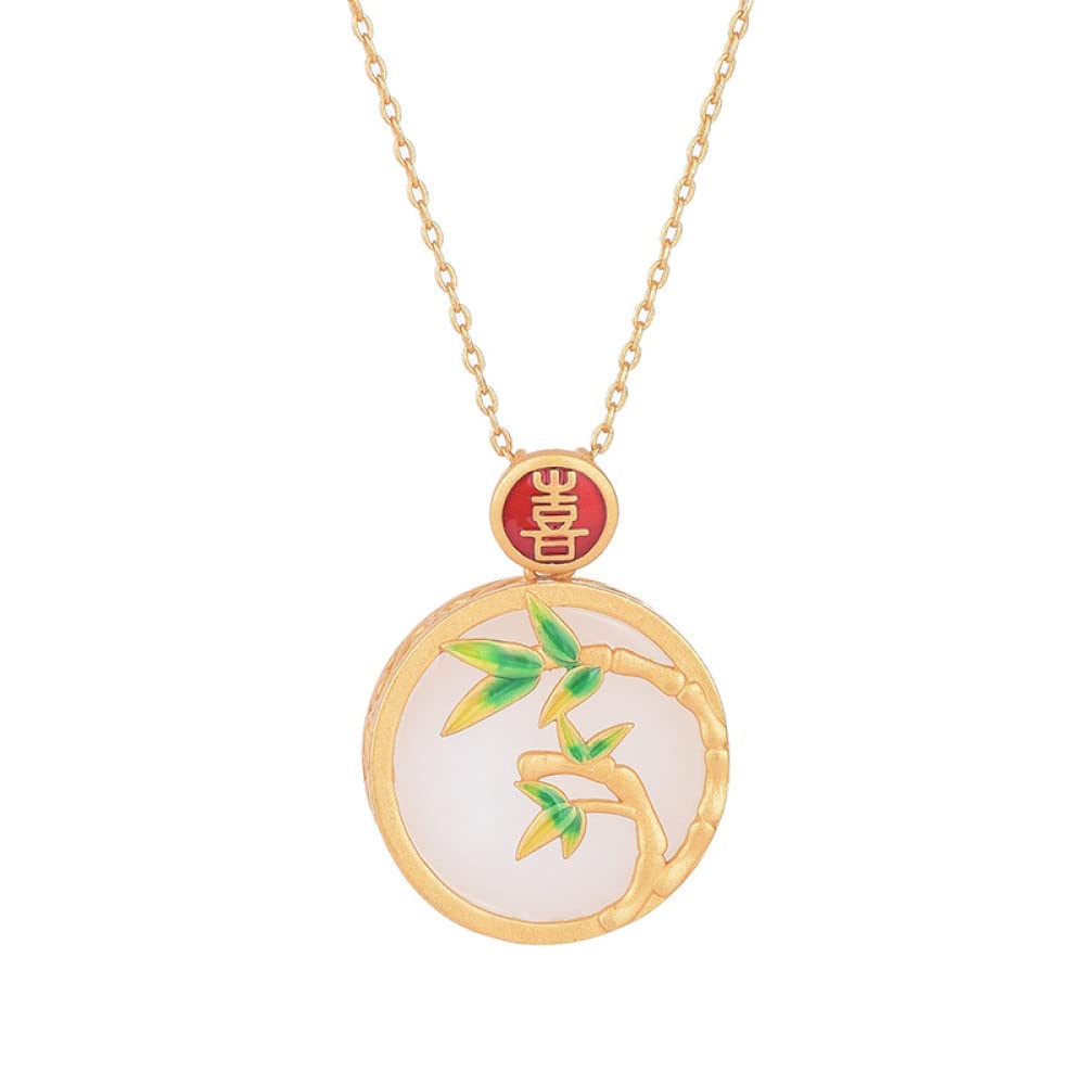 Vintage Chinese Style Green Bamboo Round Pendant Necklace - Lucky Golden Jewelry for Women & Girls - Perfect for Christmas, Cheongsam Dress, Asian Fashion & Special Occasions