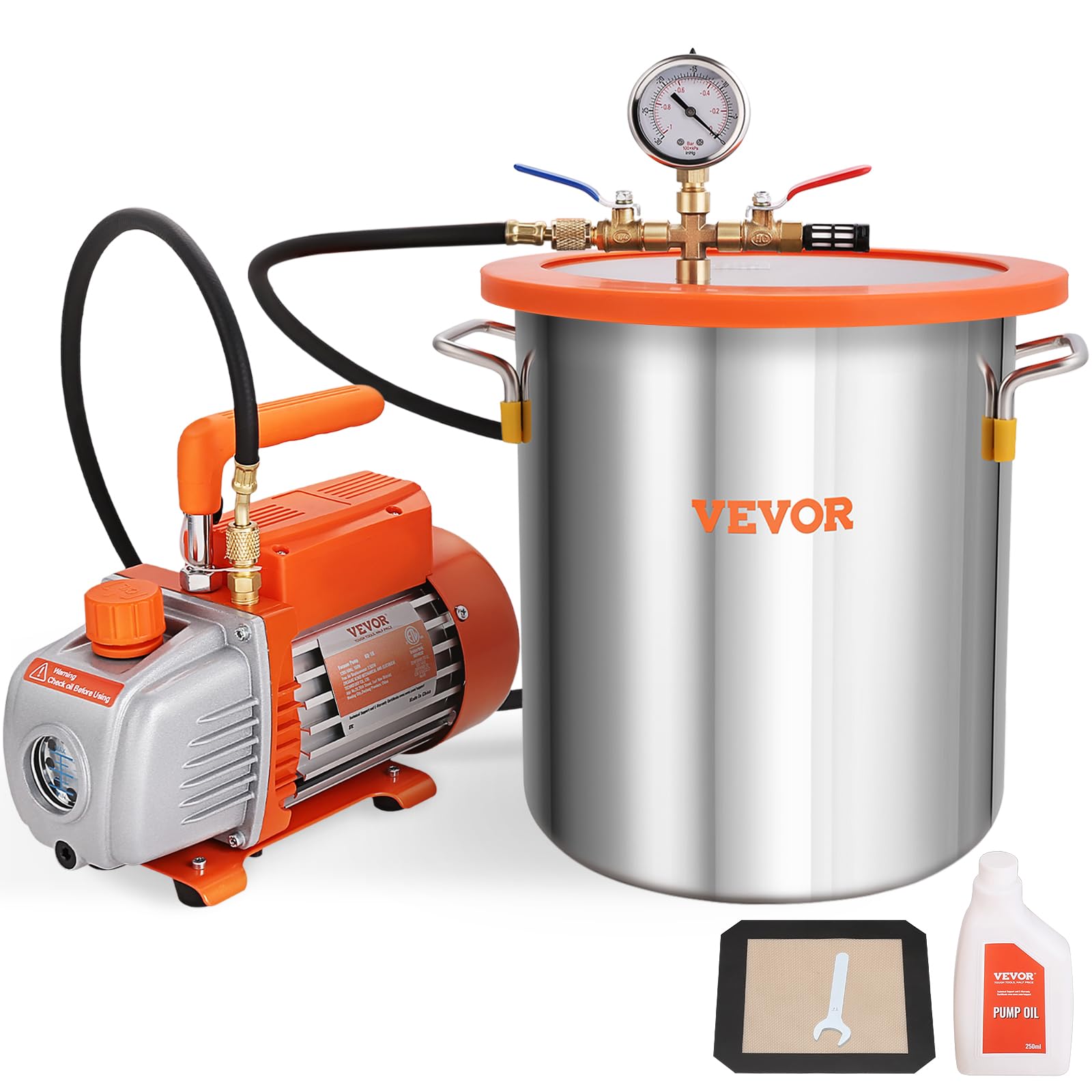 VEVOR 5 Gallon Vacuum Chamber Kit with 3.5 CFM Pump & Tempered Glass Lid - Includes 250ml Oil Bottle for Wood Stabilization, Silicone & Epoxy Degassing - Perfect for Resin Casting, Woodworking & DIY Projects