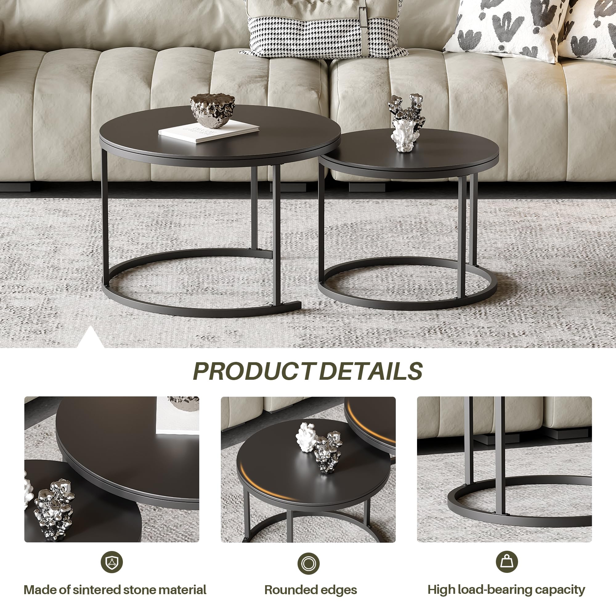 Modern Round Nesting Coffee Table Set of 2 - Black Sintered Stone Top with Sturdy Metal Frame - Living Room Center Table for Small Spaces | Perfect for Apartments, Condos & Cozy Home Decor