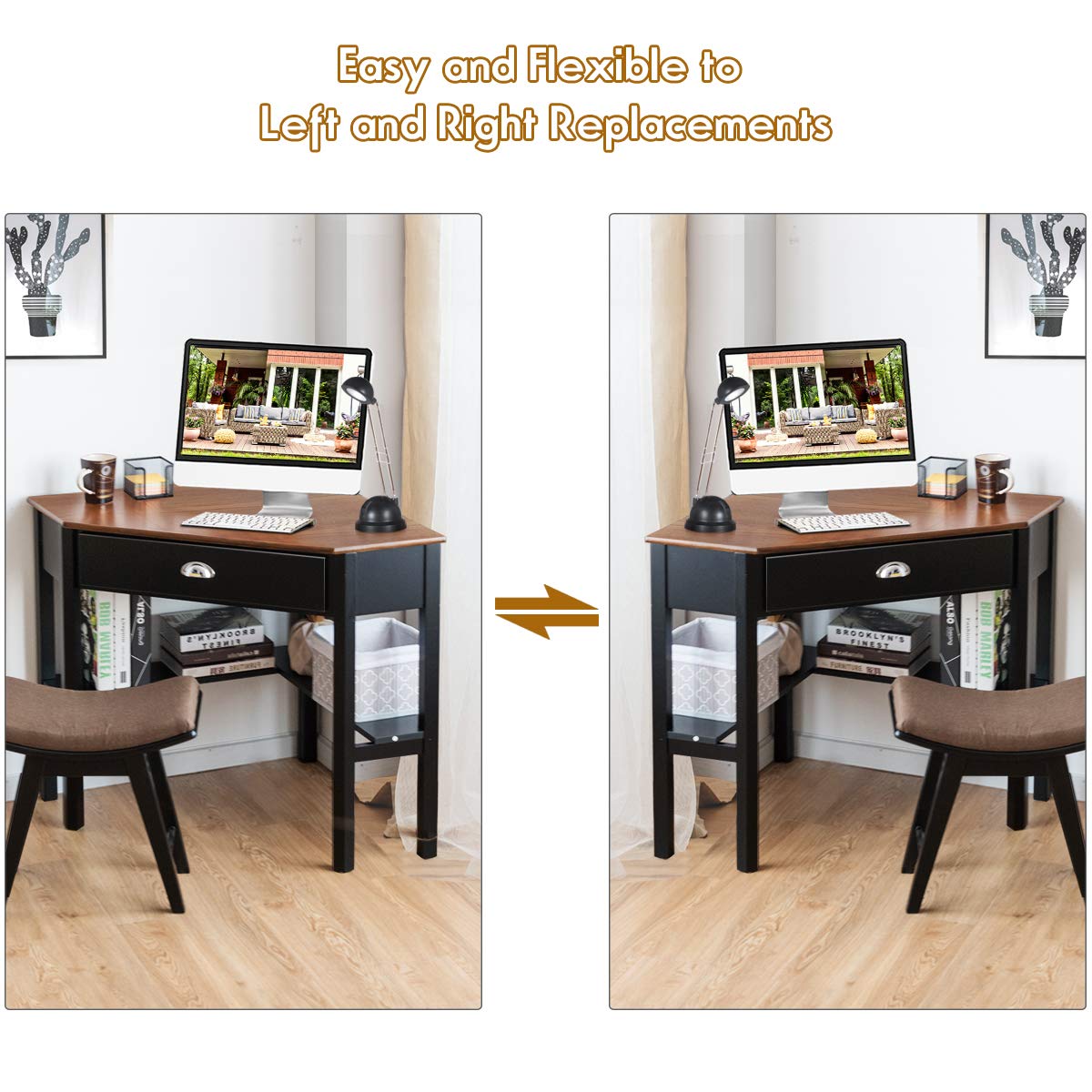 Tangkula 90-Degree Corner Desk with Drawer & Storage Shelves - Compact Computer Desk for Small Spaces, Home Office & Makeup Vanity (Coffee & Black) - Perfect for Apartments, Dorms & Workspaces