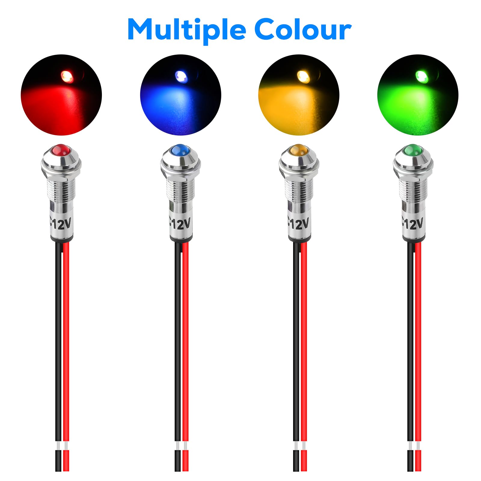 Linkstyle 8PCS 12V LED Indicator Lights - 8MM LED Signal Lamps in Red, Blue, Green & Orange with Wire Leads - Perfect for Car Dashboard, Truck & Marine Instrument Panels