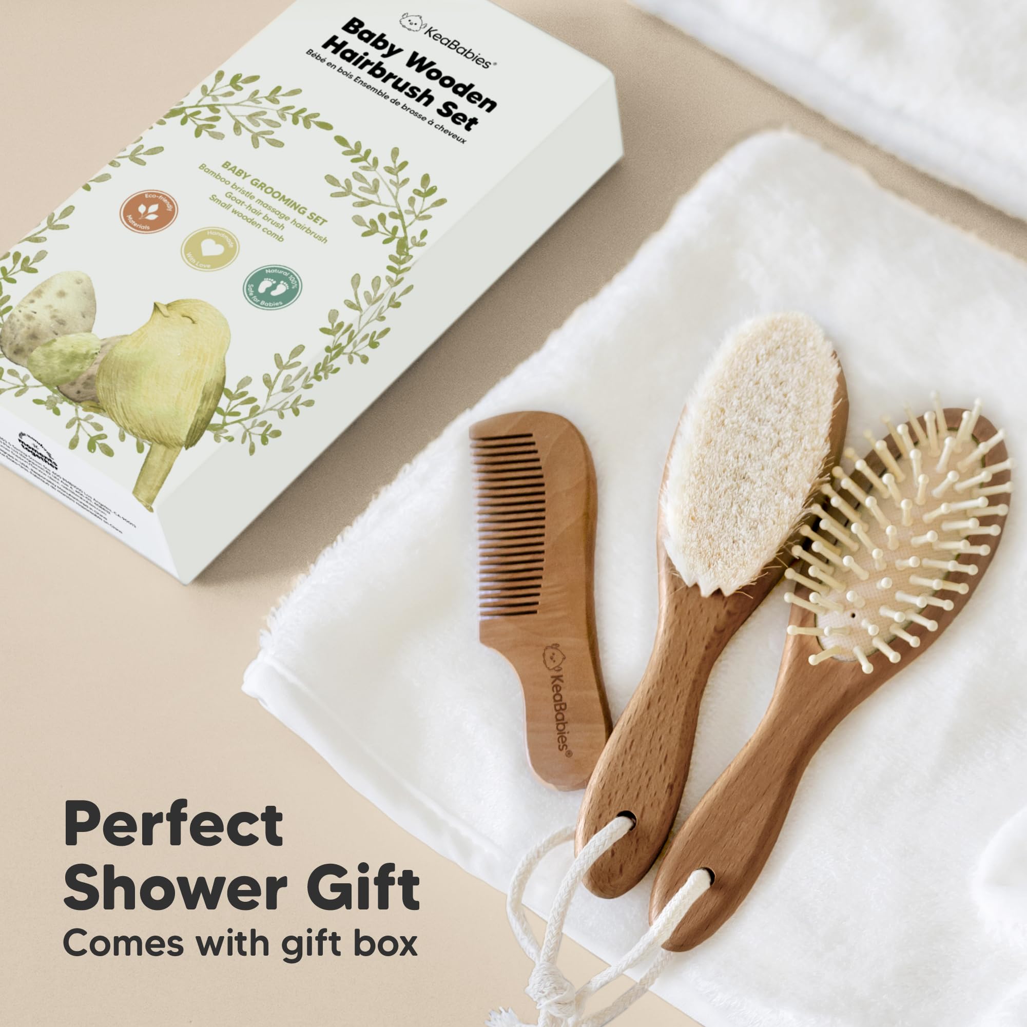 Wooden Baby Hair Brush & Comb Set for Newborns - Soft Goat Bristle for Gentle Hair Care at Home