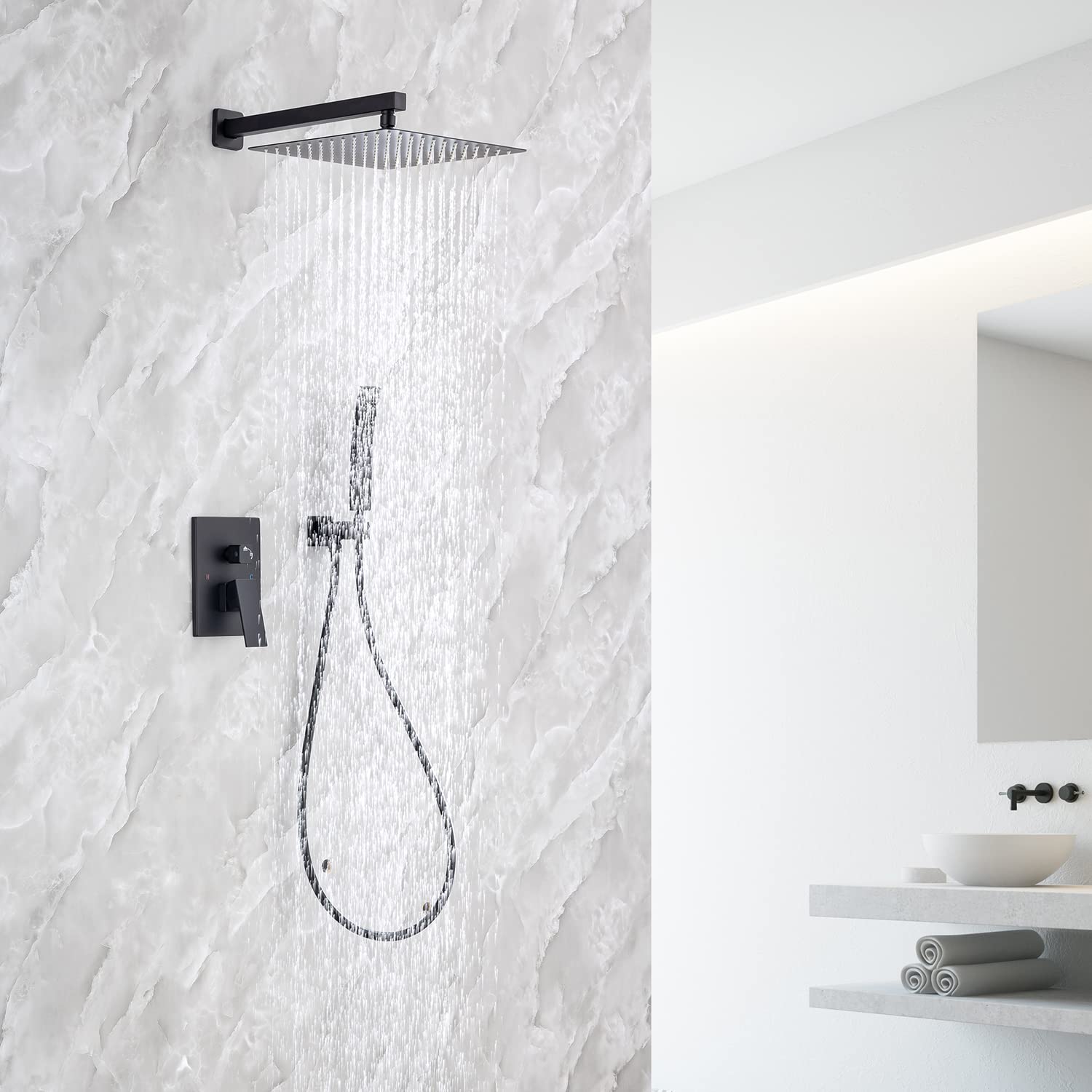 Luxury Matte Black 12 Inch Square Rain Shower Head System - Wall Mounted Rainfall Shower Combo Set with Faucet Rough-in Valve (Perfect for Modern Bathroom & Spa Experience)