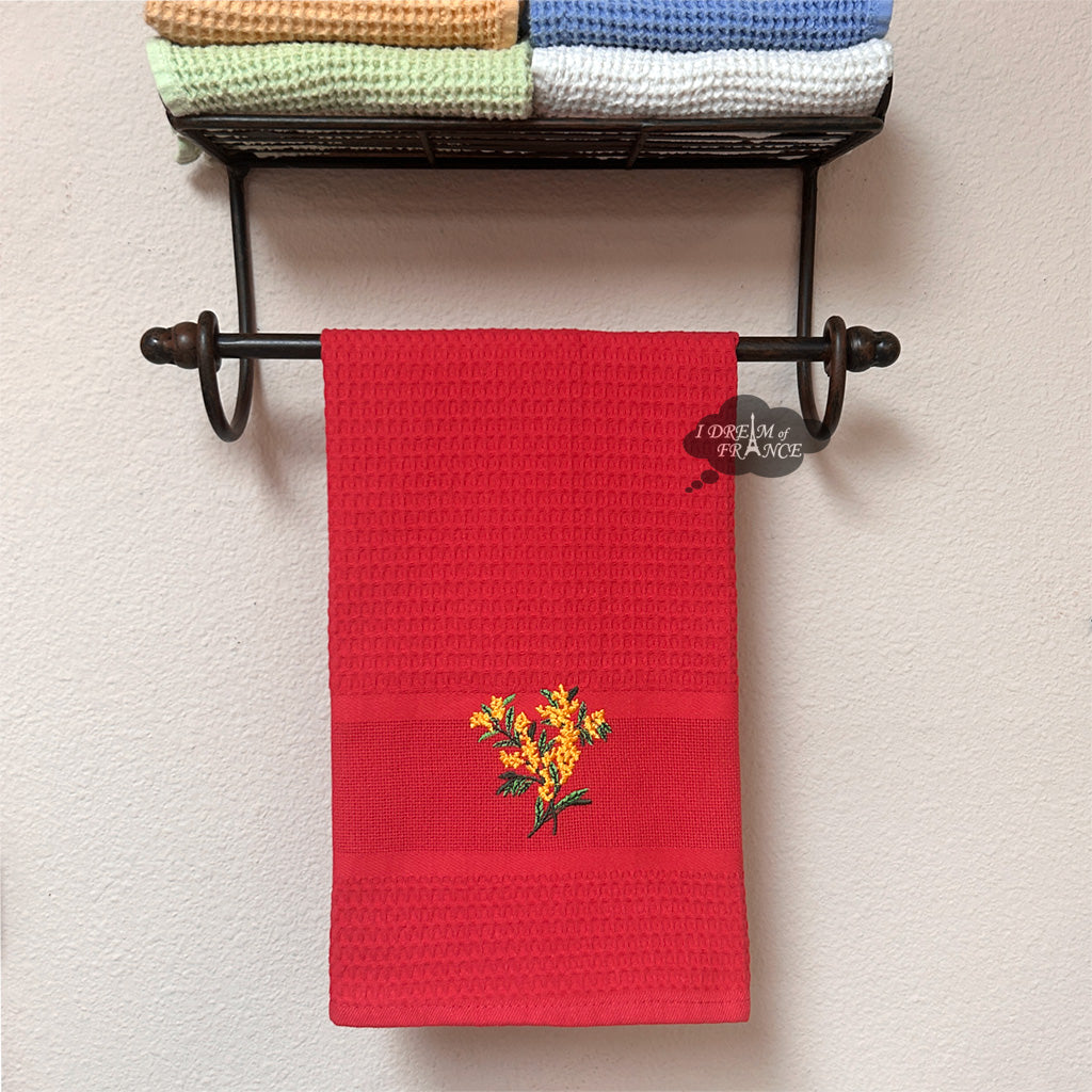 Coton Blanc Provence Mimosa Red Waffle Weave Kitchen Towel - Absorbent & Durable for Cooking, Baking & Dish Drying