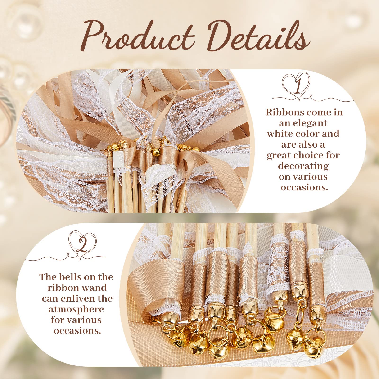 150 Pcs Lace Ribbon Wedding Wands with Bells - Champagne Beige Silk Streamers for Wedding Send Off, Baby Shower, Holiday Party Favors & Fairy Themed Celebrations - Perfect for Outdoor Ceremonies, Bridal Showers & Birthday Decorations