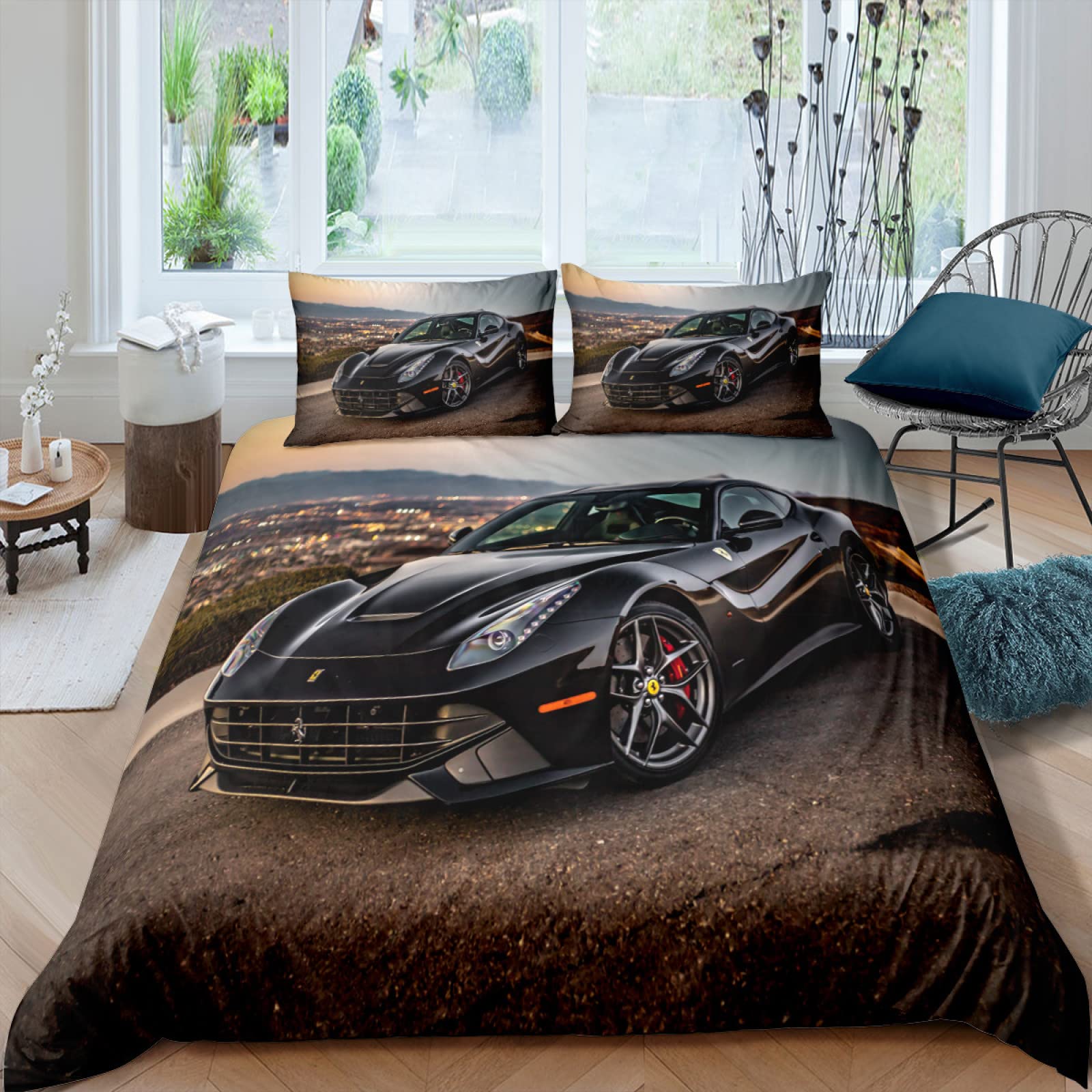Queen Size Brown Car Duvet Cover Set - 3 Piece Soft Brushed Microfiber Comforter Cover with Zipper Closure (Includes 2 Pillow Shams 20×26) - 110g/㎡ Luxury Bedding for Men & Women - Perfect for Bedroom, Guest Room & Dorm Decor
