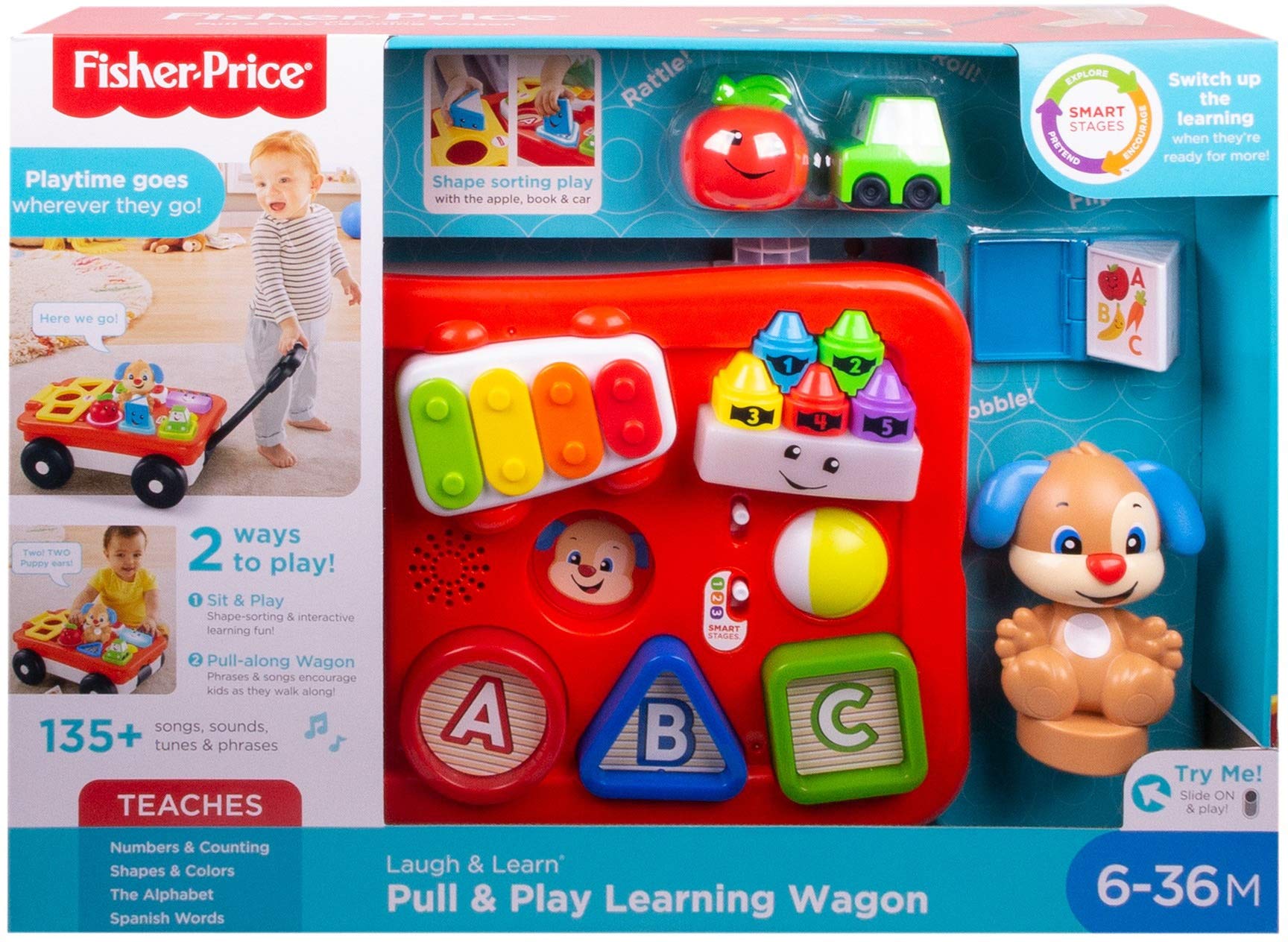 Fisher-Price Laugh & Learn Pull & Play Learning Wagon - Interactive Baby Toy with Shape Blocks & Bilingual Learning Content for Toddlers 1-3 Years - Perfect for Early Development & Indoor Playtime