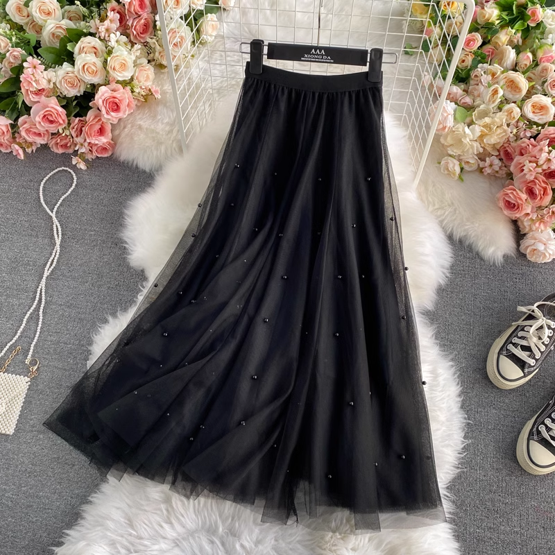 Beaded A-Line Fairy Mesh Skirt for Women - Elegant Mid-Length Tulle Skirt with Floral Embroidery - Perfect for Weddings, Parties, and Special Occasions