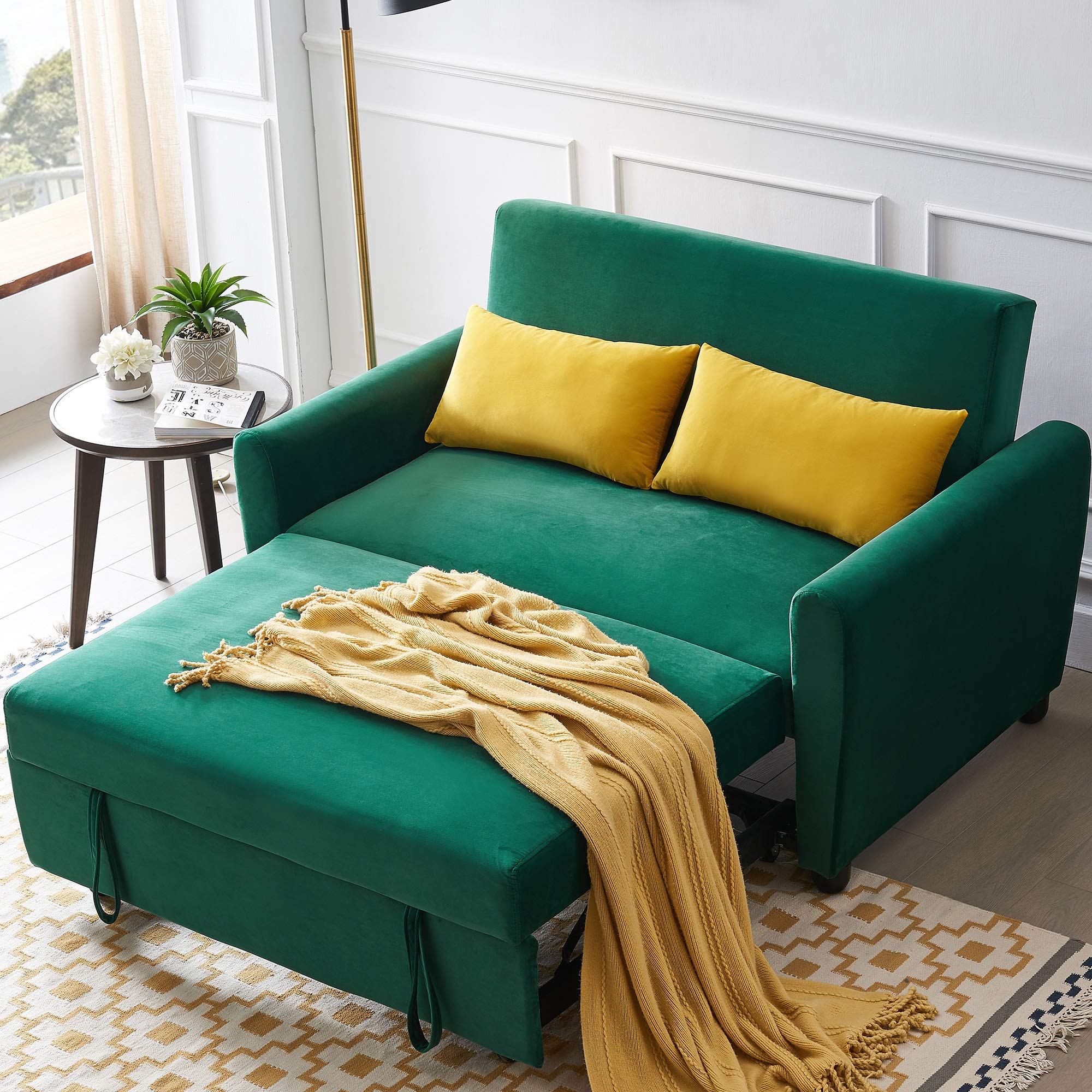 Modern Velvet Convertible Sleeper Sofa Bed with 2 Pillows - Dark Green Pull Out Couch for Living Room | Space Saving Guest Bed & Comfortable Lounge Seating