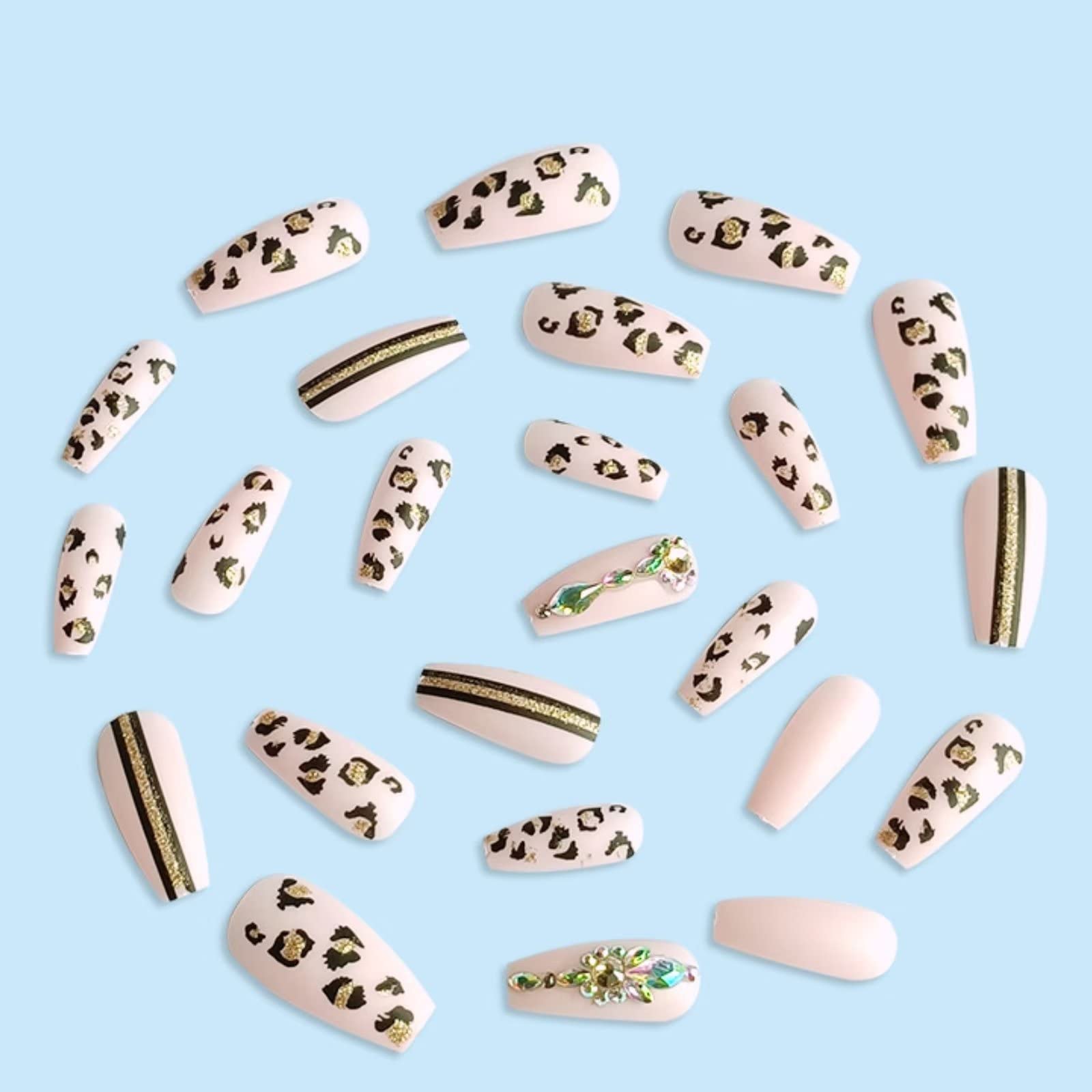 RUNRAYAY Leopard Print Press On Nails - Long Fake Nails with Pink Acrylic Ballet French Tip & Rhinestone Designs for Women & Girls | Perfect for Parties, Weddings, Date Nights & Special Occasions