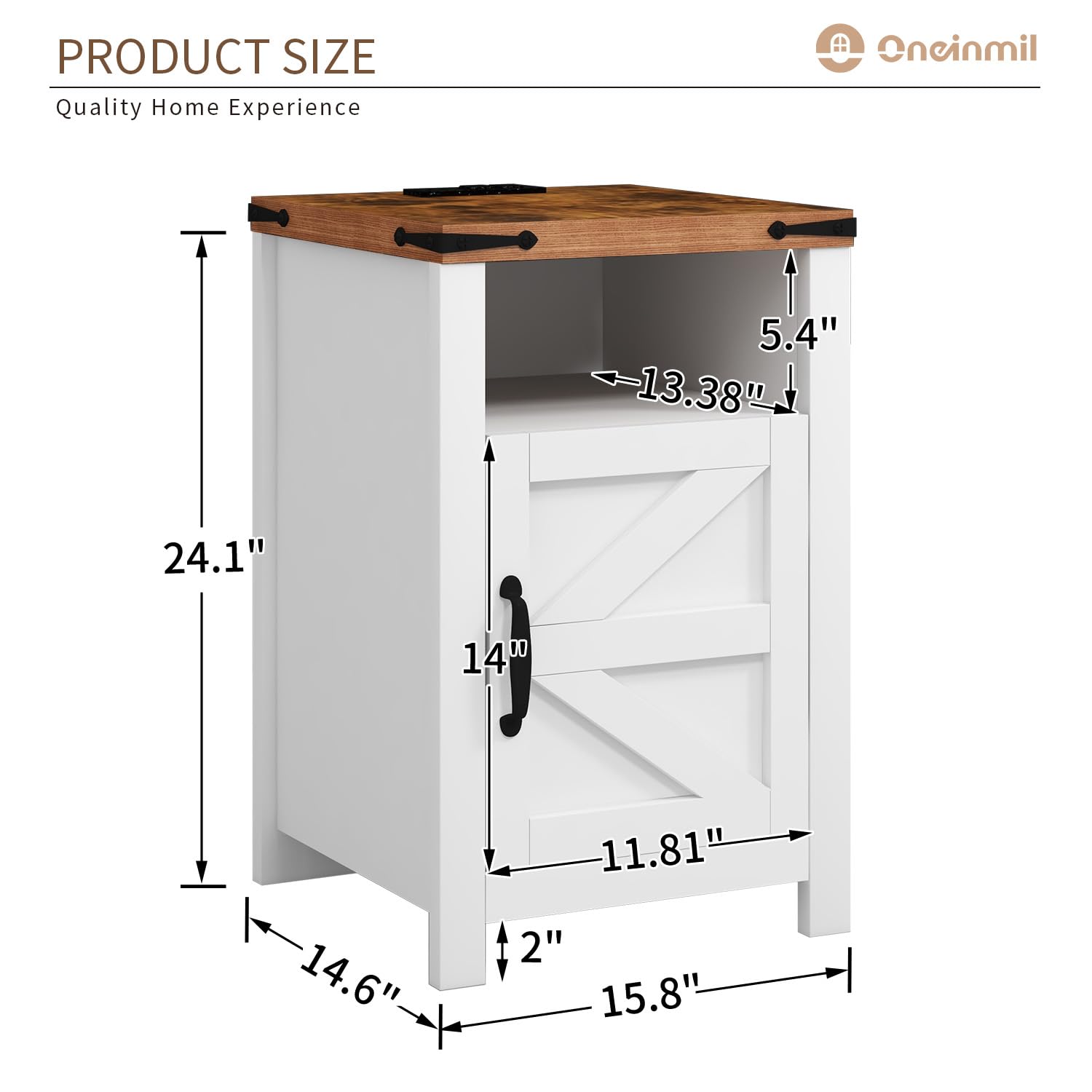 OneinMil 2-Piece Farmhouse End Table Set with USB Charging Station & Barn Door Storage - Nightstand, Sofa Side Table for Living Room, Bedroom - Perfect for Small Spaces & Home Office - White