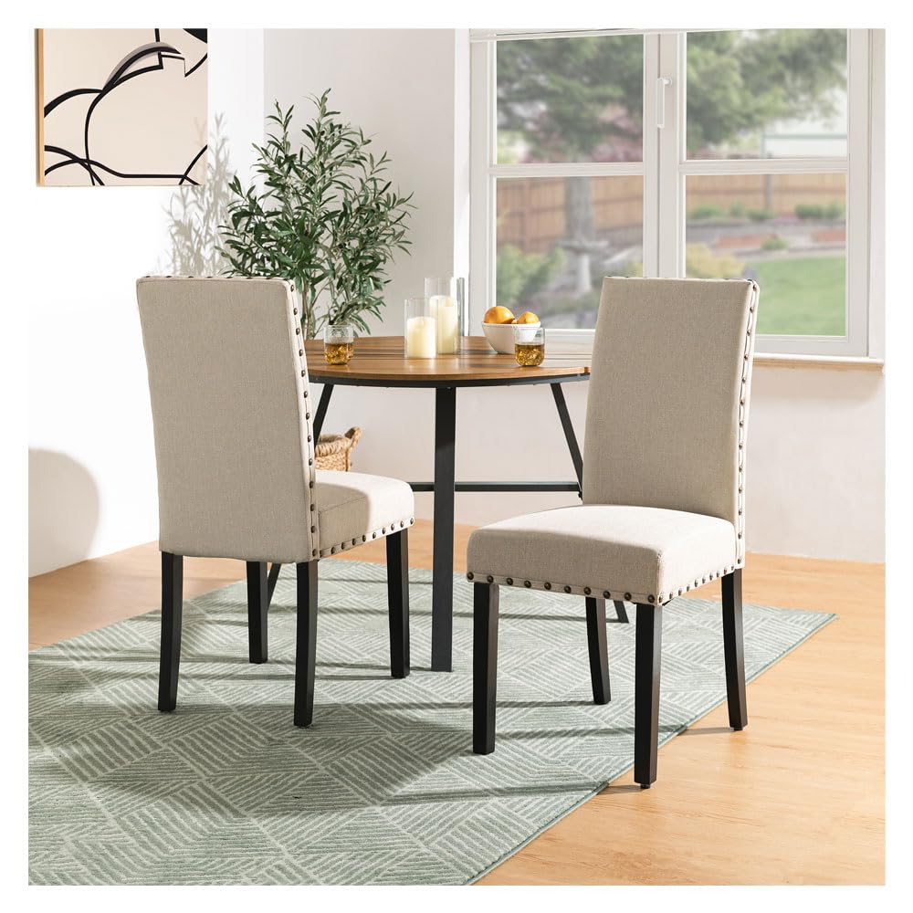 Glitzhome 2 Pack Upholstered Fabric Dining Chairs - Rubber Wood Frame with Studded Decor, Beige Upholstery for Kitchen, Living Room & Home Decor | Comfortable Seating for Dining, Entertaining & Relaxing