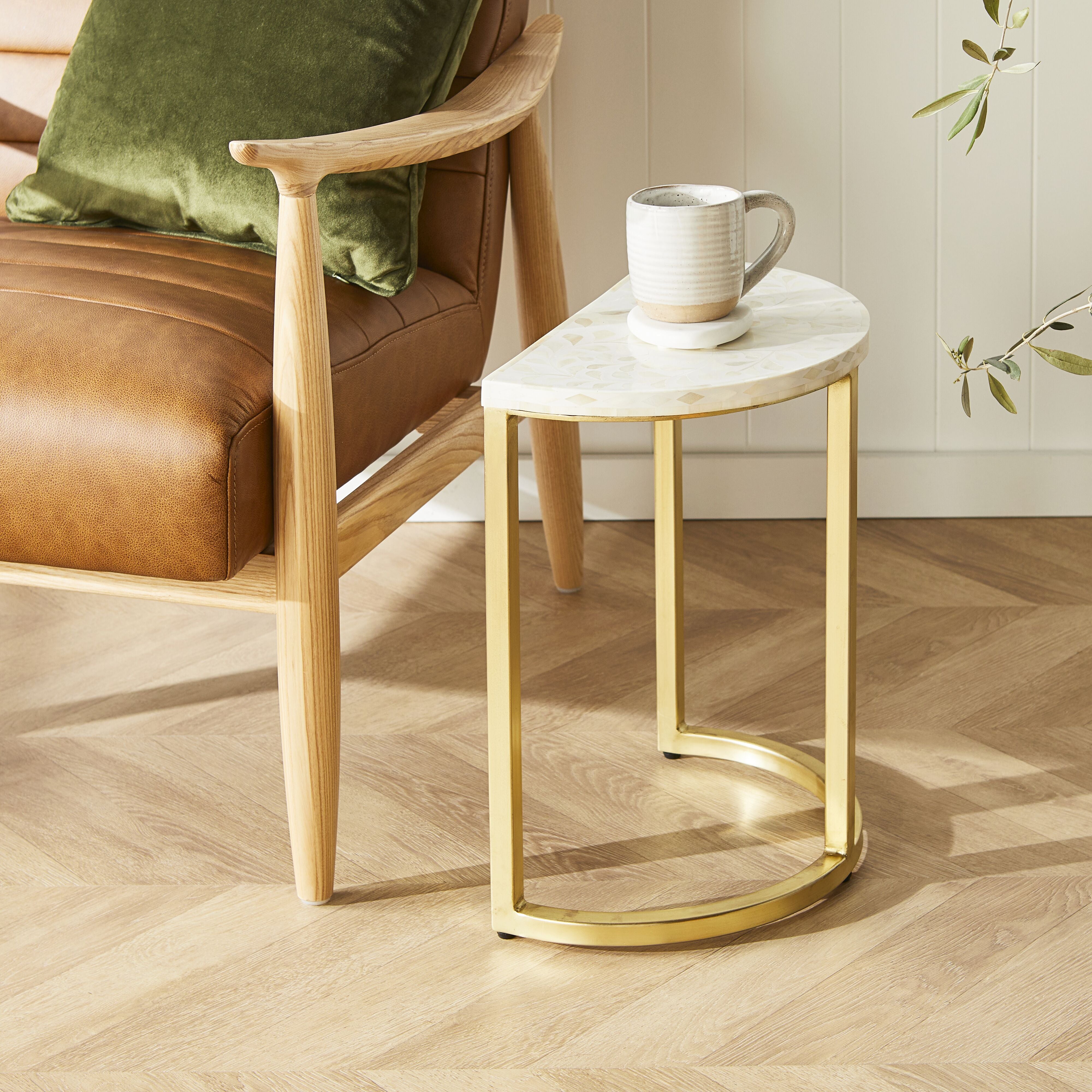 Handcrafted Bone Inlay Half Moon Side Table with Gold Frame - 17.3