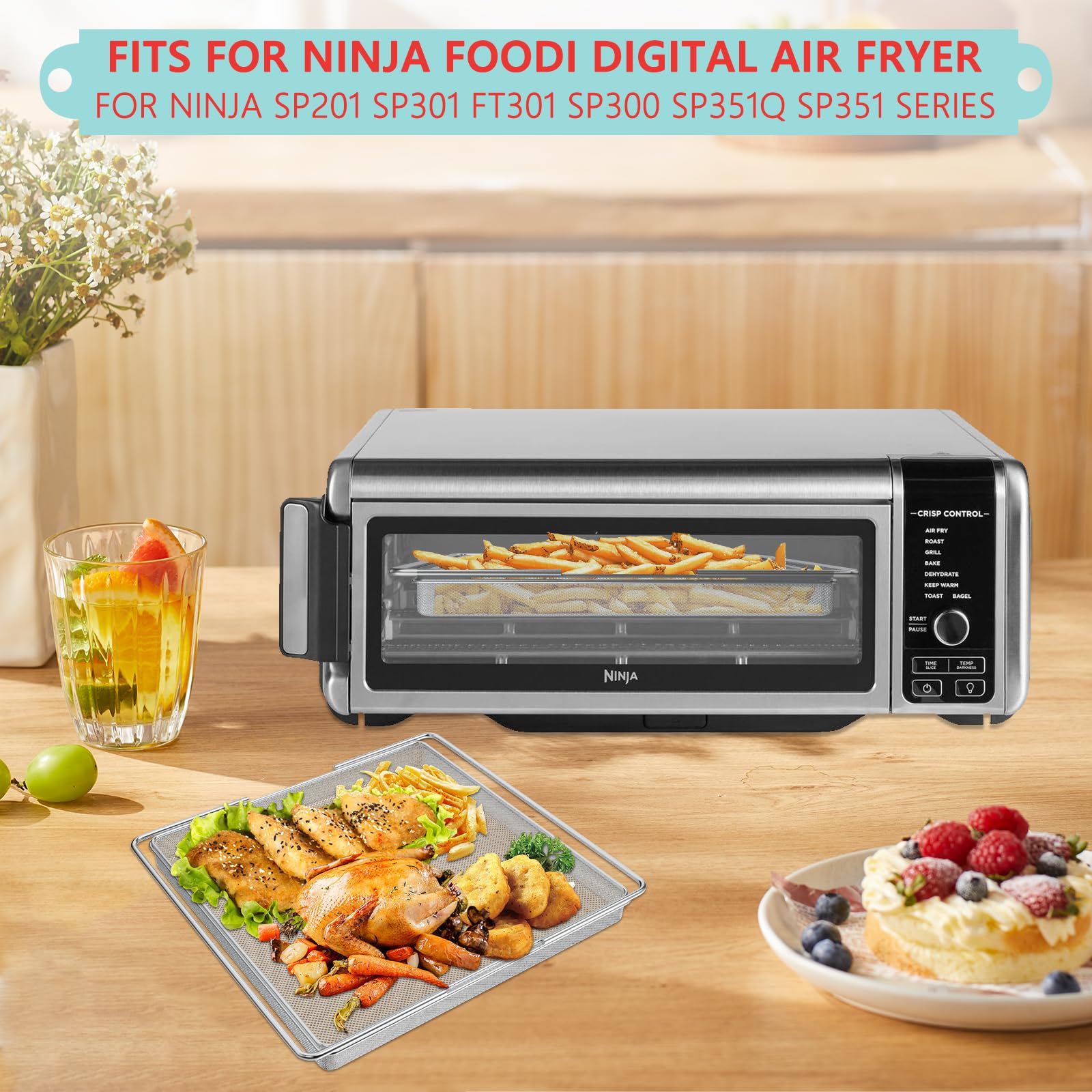 Ninja Foodi Air Fryer Basket Replacement - Stainless Steel Baking Tray for SP201, SP300, SP301, SP351, SP351Q, FT301 Series - 12''L x 13.5''W - Perfect for Crispy Fries, Chicken Wings & Healthy Cooking in Dual Heat Air-Fryer Oven