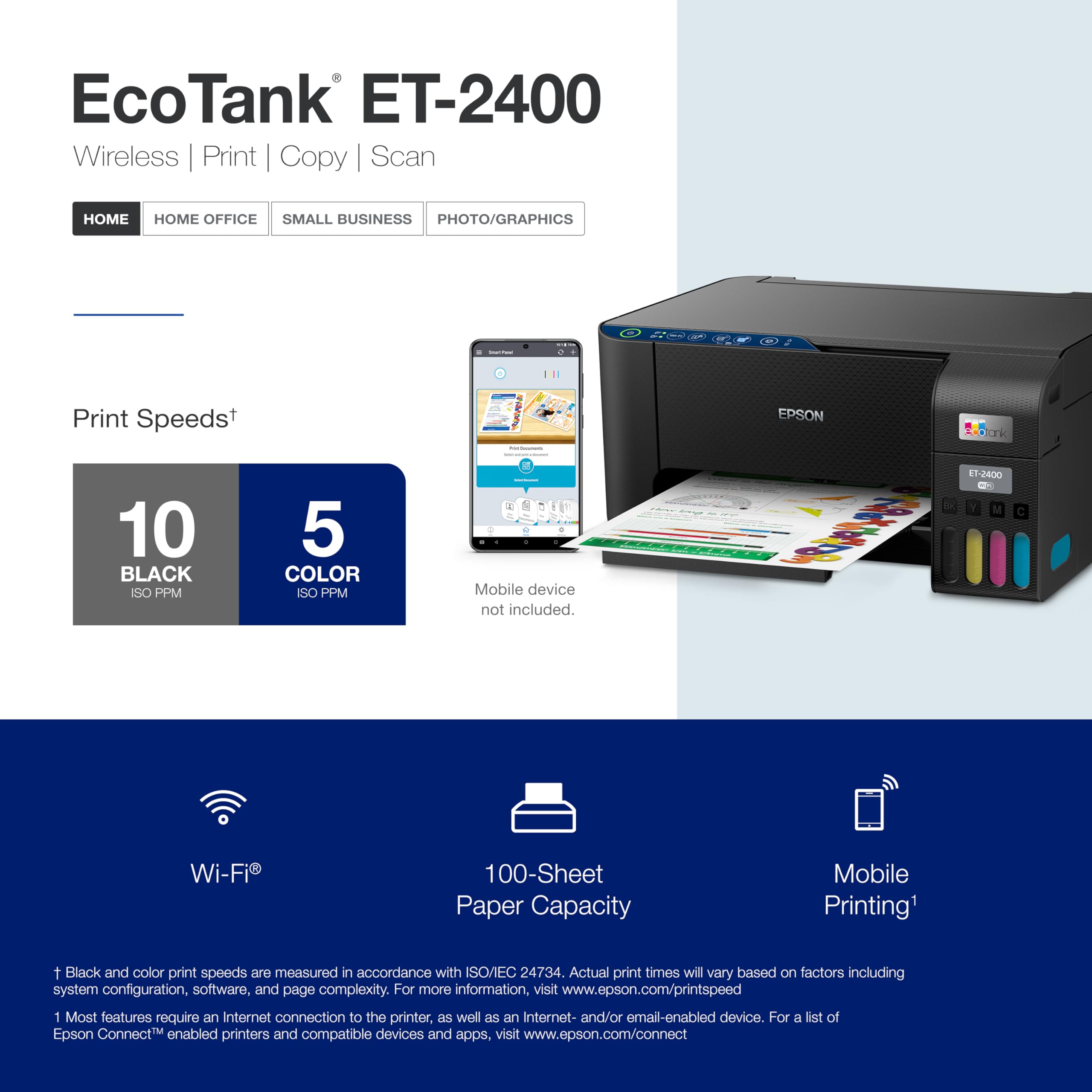 Epson EcoTank ET-2400 Wireless Color All-in-One Printer with Scan, Copy & Fax | Cartridge-Free Supertank System | High-Yield Ink for Home & Office Use | Perfect for Printing Documents, Photos, School Projects & Small Business Needs