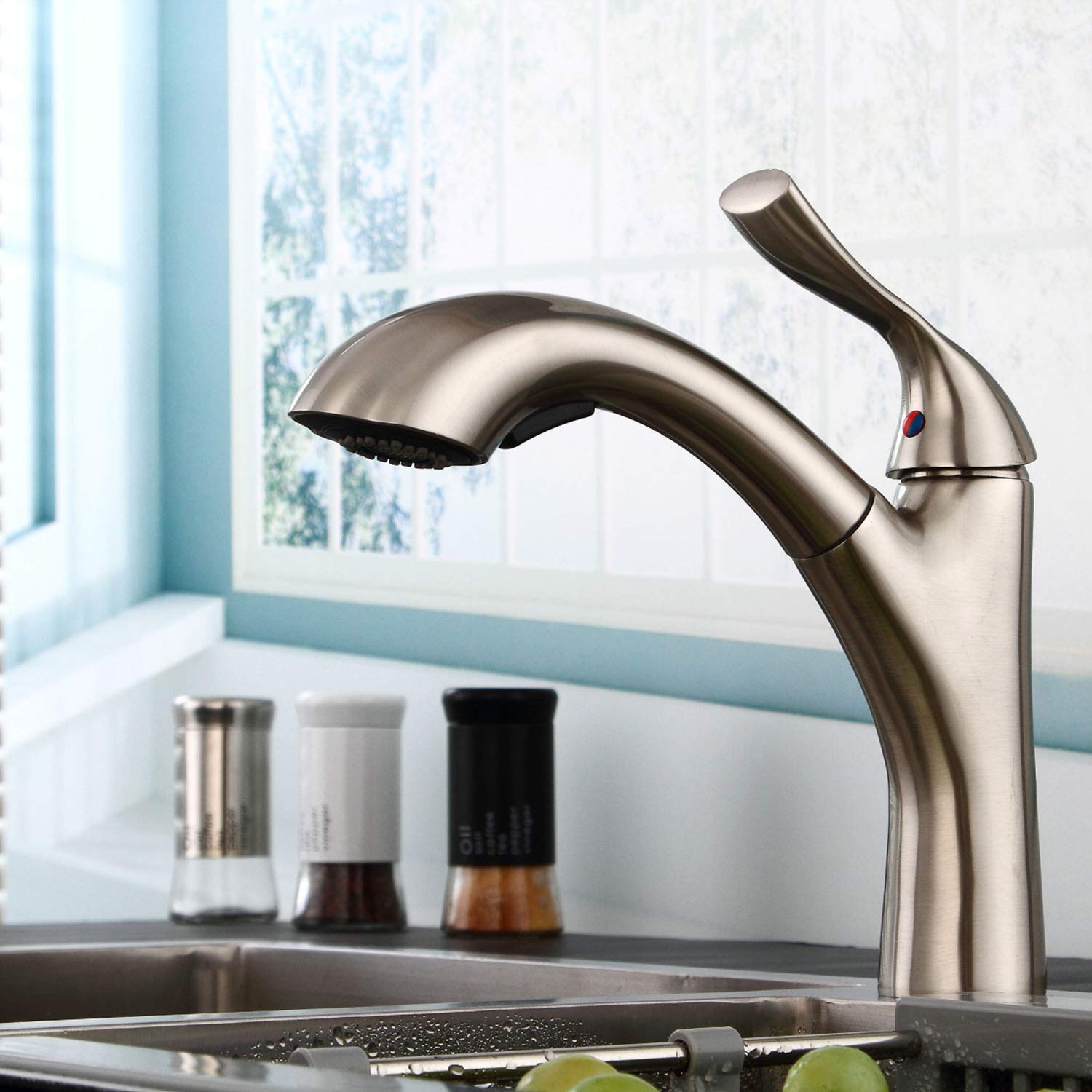Homelava 360° Rotatable Pull Out Kitchen Faucet - Brushed Nickel One-Handle Low Arc Sink Faucet with Classic Stainless Steel Design | Perfect for Modern Kitchens, Dishwashing & Food Prep Areas
