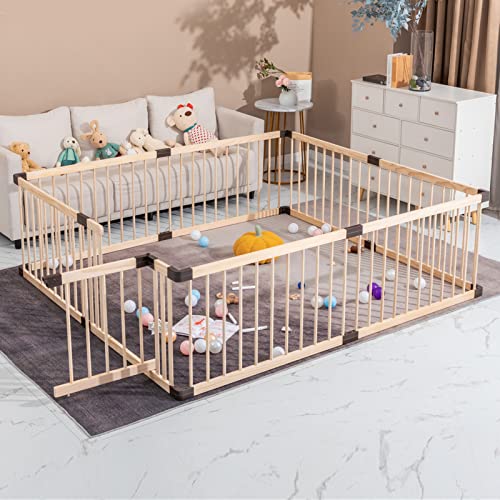 Conababy Wooden Baby Playpen with Safety Gate - 120x160CM Portable Indoor/Outdoor Play Yard for Infants & Toddlers | Safe Play Area for Home, Backyard, Daycare & Playroom