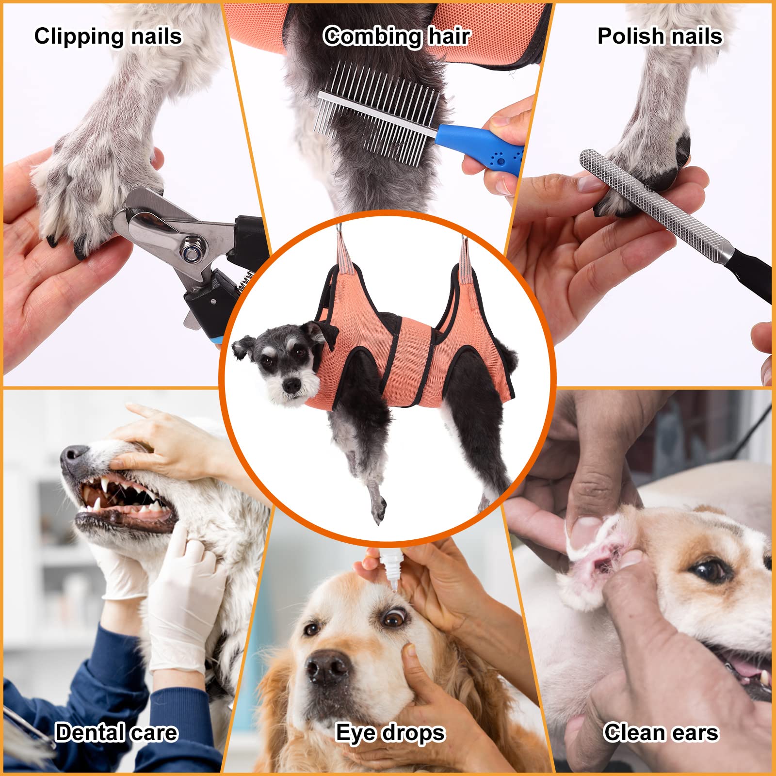 Kkiimatt Dog Grooming Hammock - Adjustable Pet Grooming Sling for Nail Trimming, Bathing & Haircuts - Secure Hanging Harness with Wide Strap (Supports Up to 30LB) - Small Orange - Perfect for Small Dogs at Home or Vet Clinics