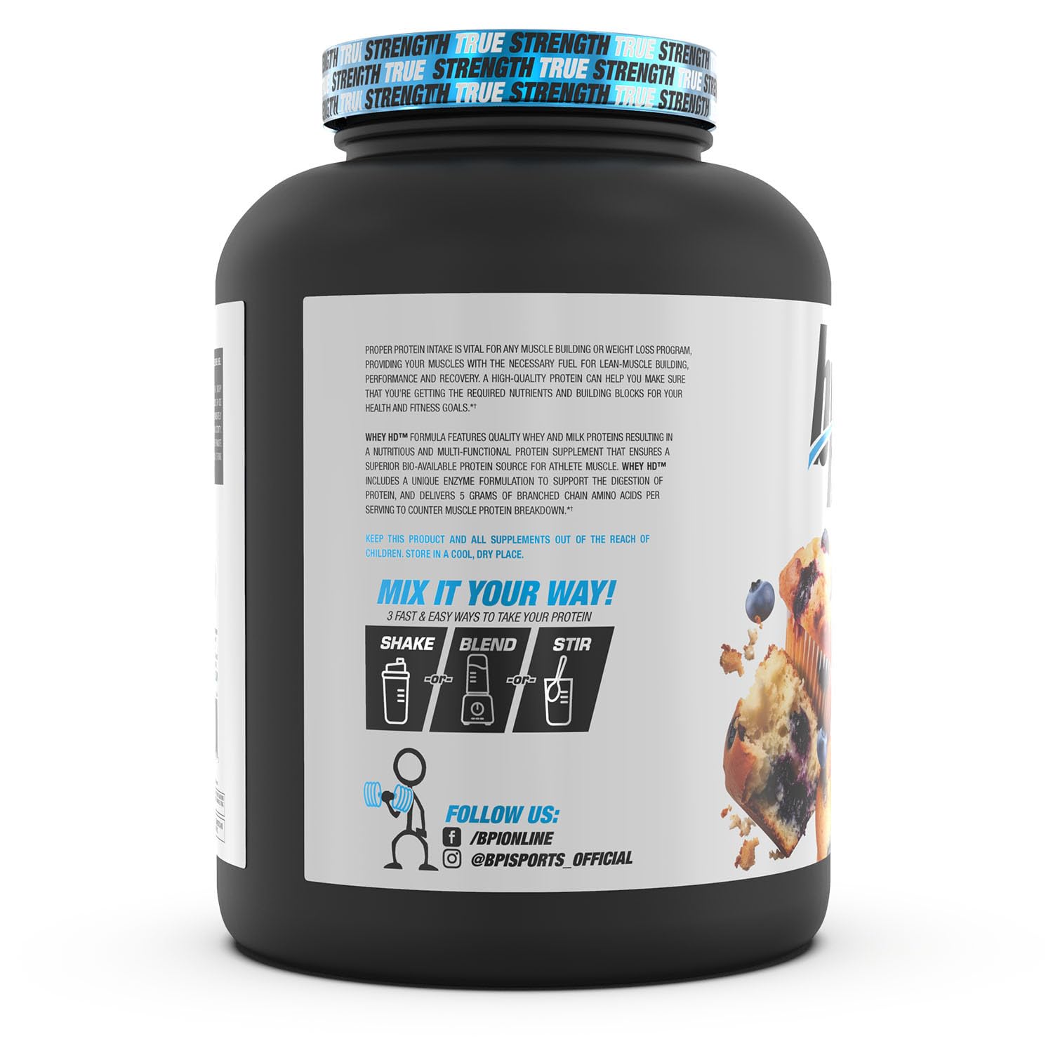 BPI Sports Whey HD Ultra Premium Protein Powder - Blueberry Muffin Flavor, 4.07 Pound (1.85 kg) for Muscle Recovery & Post-Workout Nutrition | Gym Supplements & Healthy Lifestyle