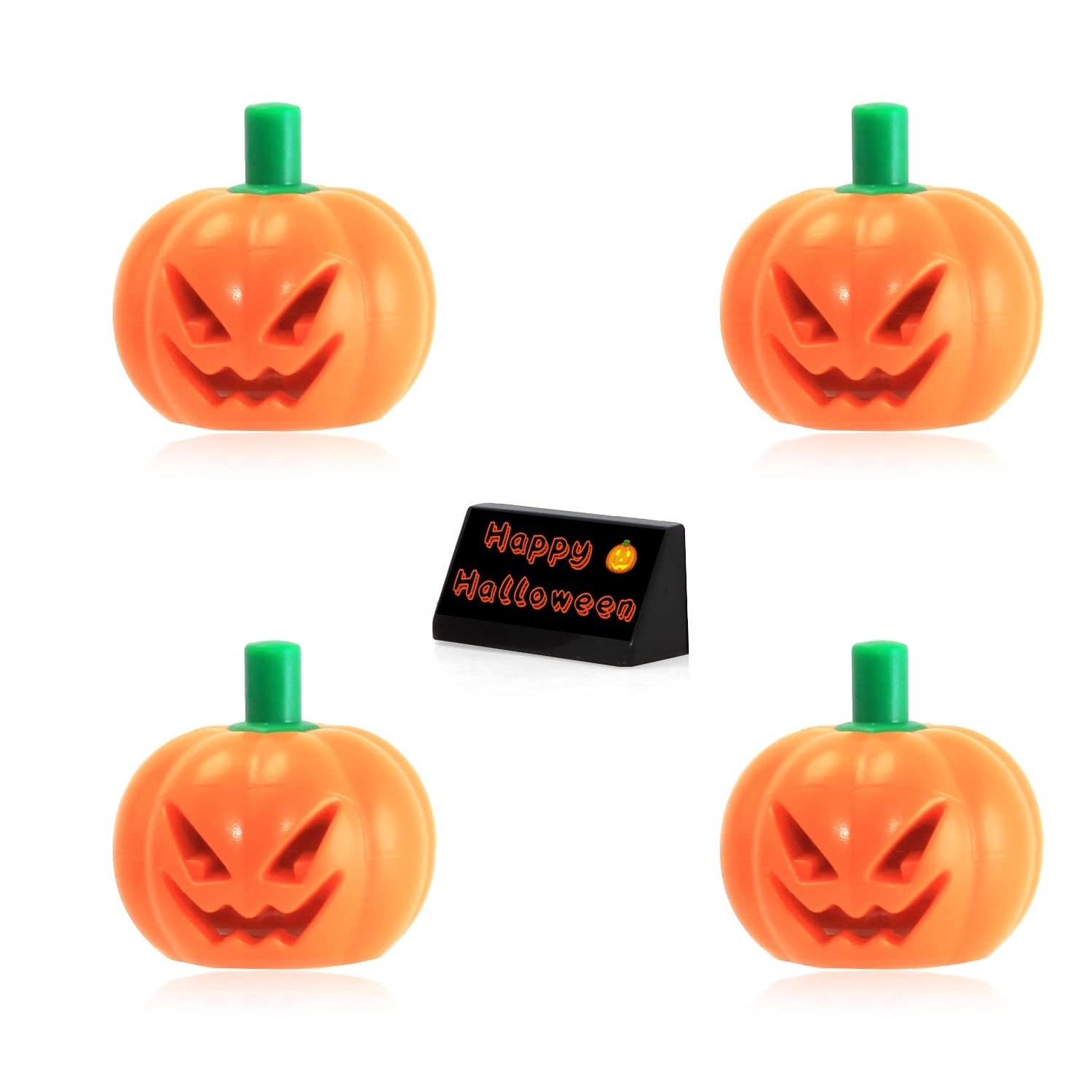 LEGO Halloween Minifigure Accessory - 4 Pack Pumpkin with Green Stem Jack O' Lantern for LEGO Sets | Spooky Decorations for Halloween Party, Haunted House Displays & LEGO Collections