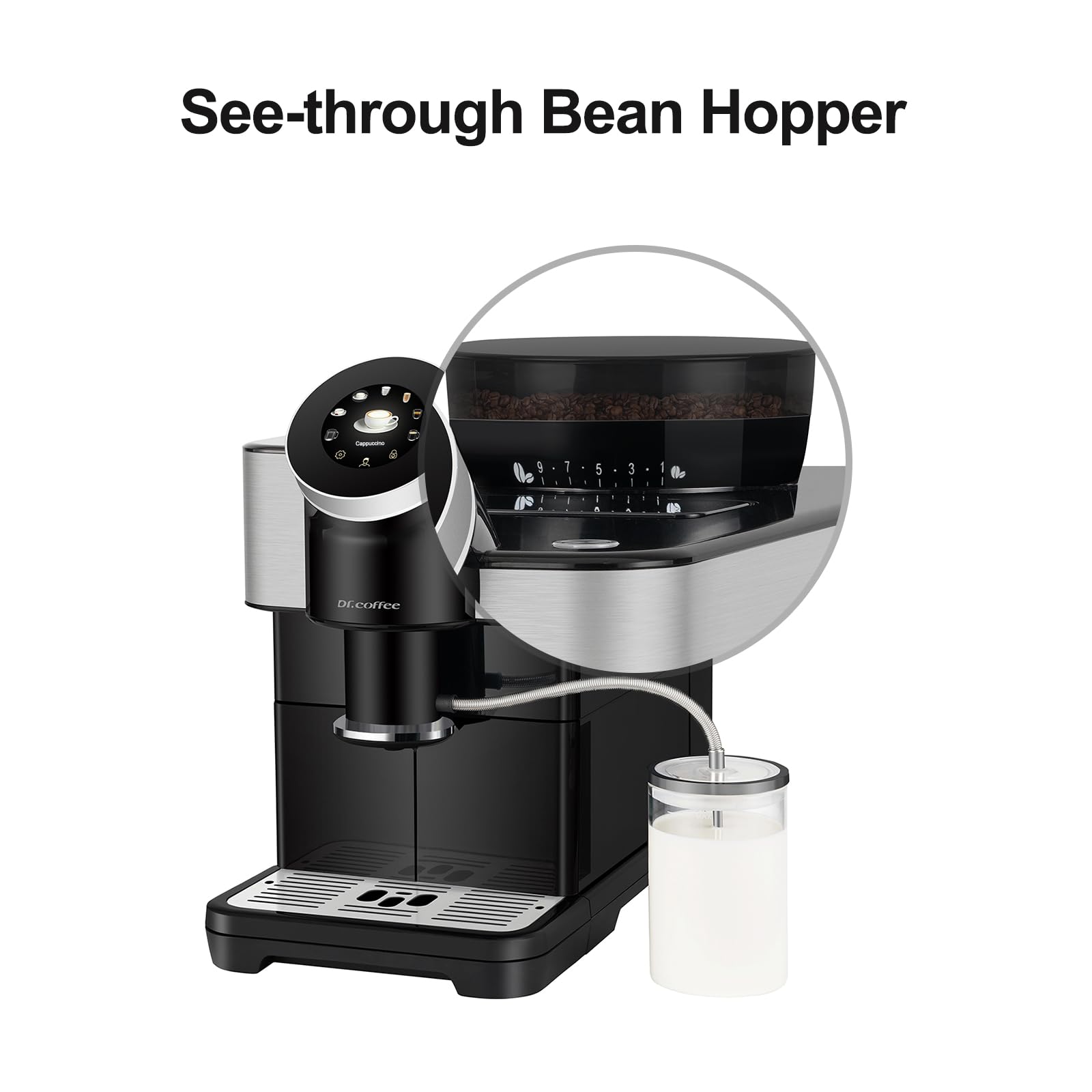 Dr.coffee H2 Fully Automatic Espresso Machine with Milk Frother - Detachable Water Tank & Bean Hopper - Round Touch Screen for Home Use - Onyx Black/Cream White - Perfect for Kitchen, Office & Coffee Shops
