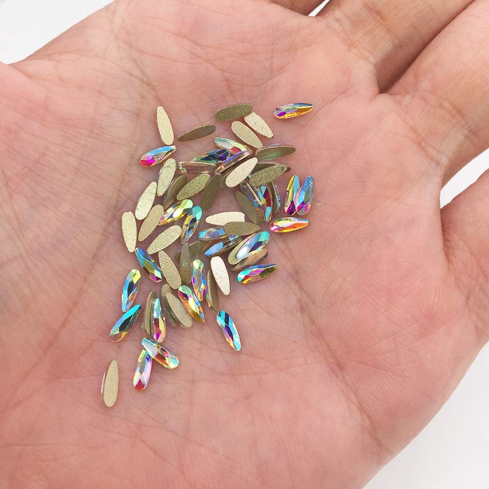 30pcs 6x2mm Teardrop Rhinestones for Nail Art - AB Crystal Flat Back Gems for Nail Decorations, DIY Jewelry & Crafts (Perfect for Manicures, Wedding Nails & Costume Accessories)
