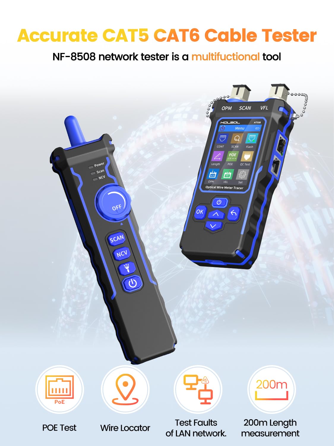 Professional Network Cable Tester with 7-Wavelength Optical Power Meter - CAT5/CAT6 Ethernet Tester, 10mW Visual Fault Locator, RJ11/RJ45 Connector - Lithium Battery PoE Wire Tracer with NCV & LED Light (Blue) - Ideal for IT Technicians, Network Installations & Home Office Setup