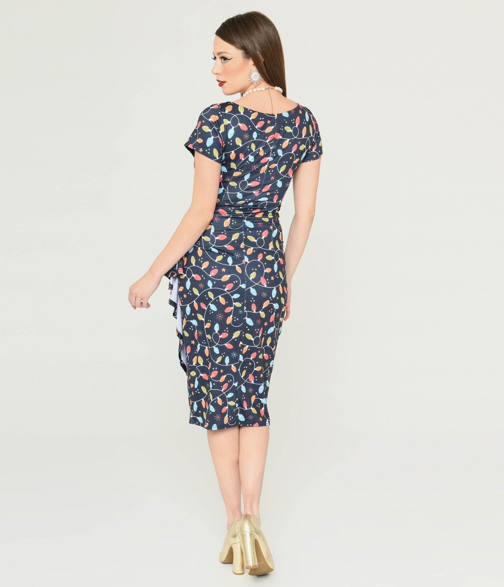 Navy Blue Holiday Lights Wiggle Dress for Women - Festive Party & Christmas Celebration Outfit