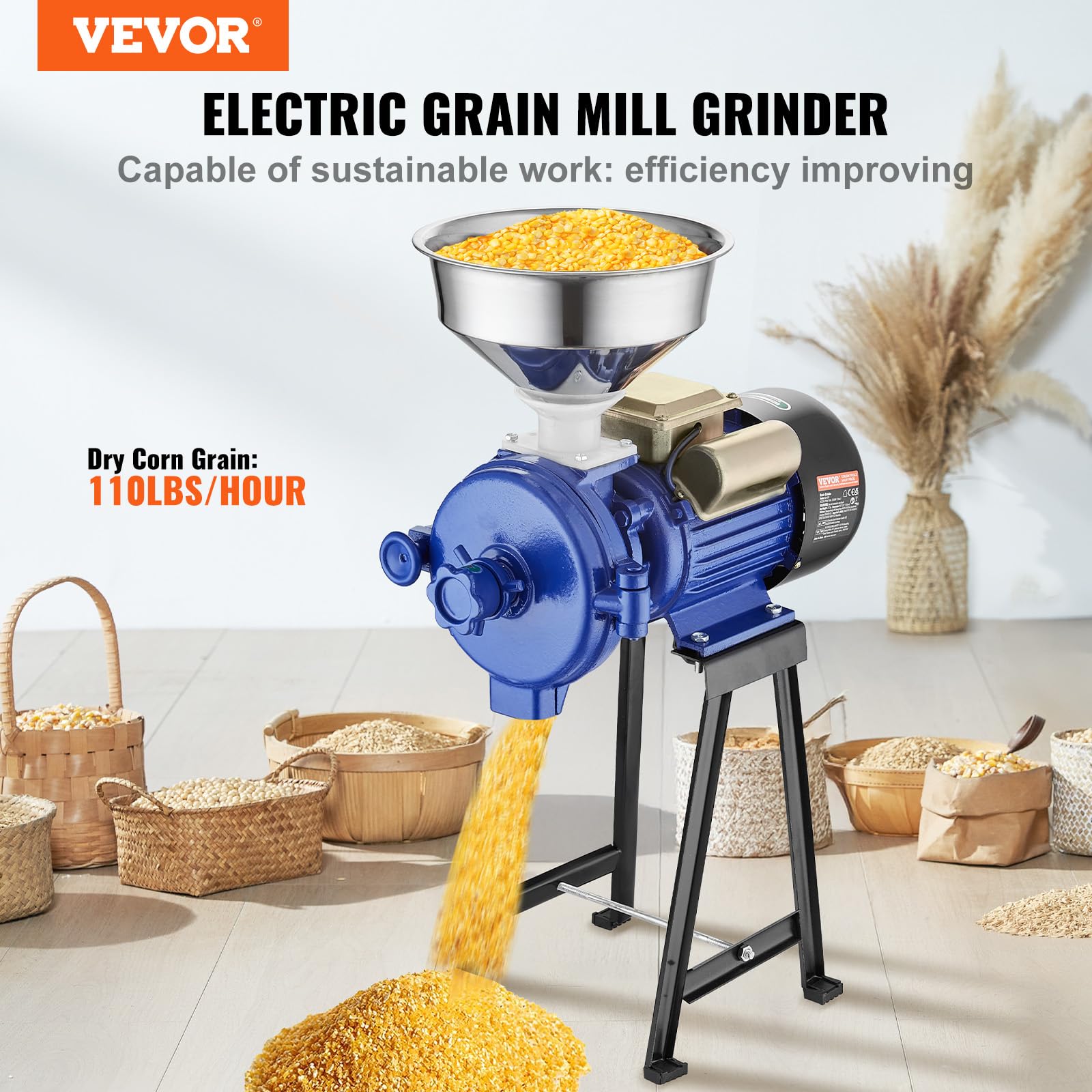 VEVOR 3000W Commercial Electric Grain Mill Grinder - Adjustable Corn Wheat Spice Grinder with Funnel for Flour, Cereal & Feed | Heavy Duty Powder Machine for Home, Bakery & Restaurant Use