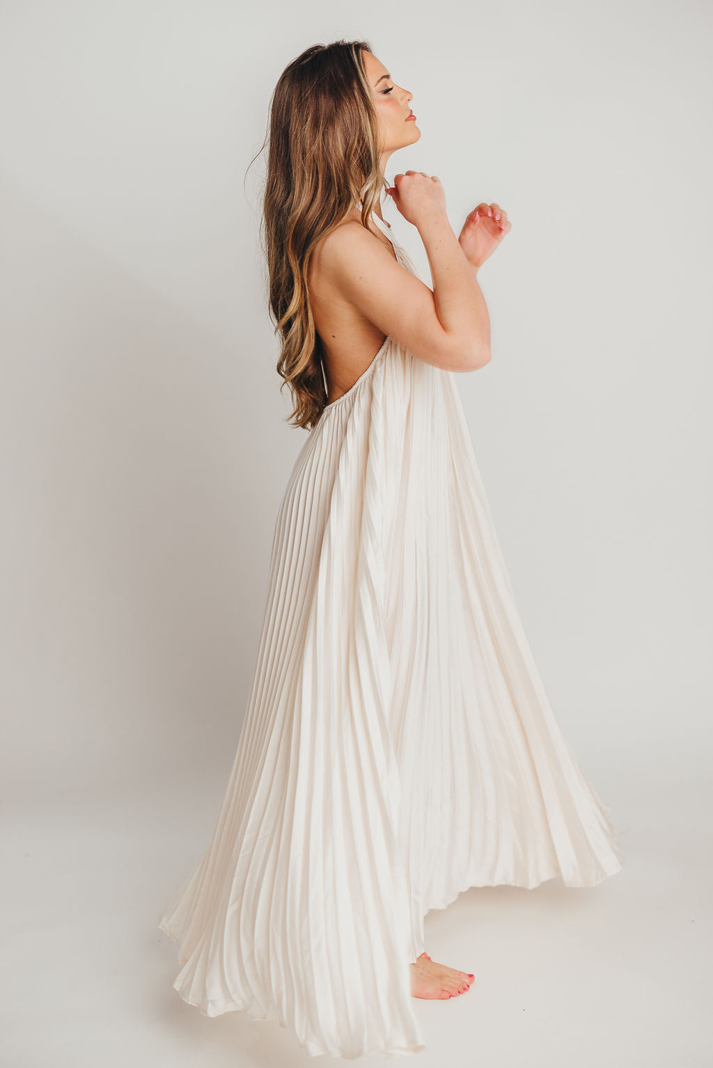Maren Pleated Halter Maxi Dress in Cream | Bump Friendly Maternity Dress | Perfect for Baby Showers, Beach Vacations & Summer Weddings