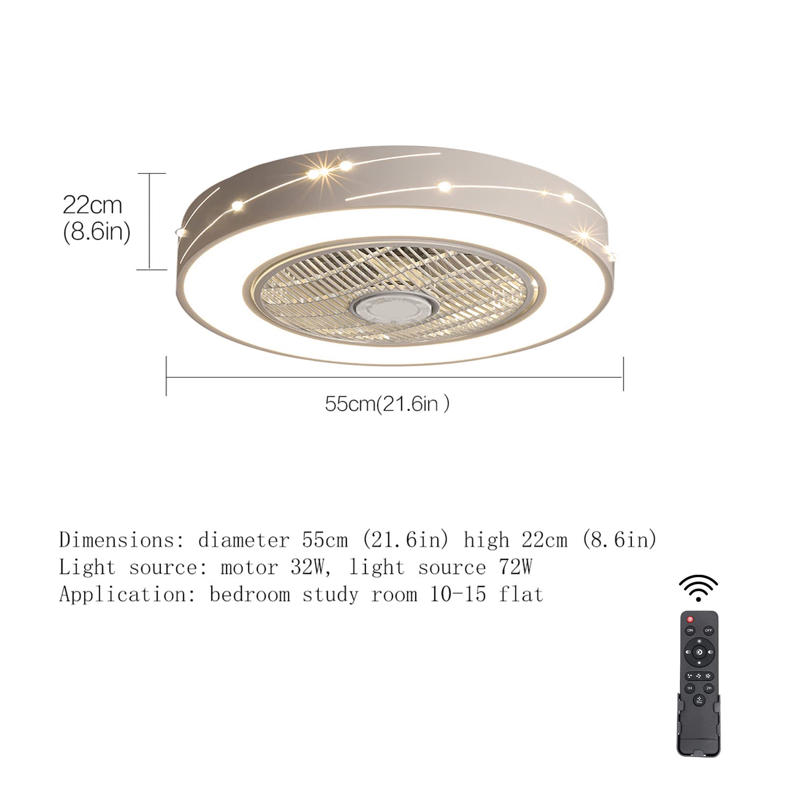 21.6 Inch Modern LED Ceiling Fan with Light - 32W Remote Control, Dimmable, Timer Function, Low Profile Enclosed Design - Perfect for Living Room, Bedroom & Home Office (White)