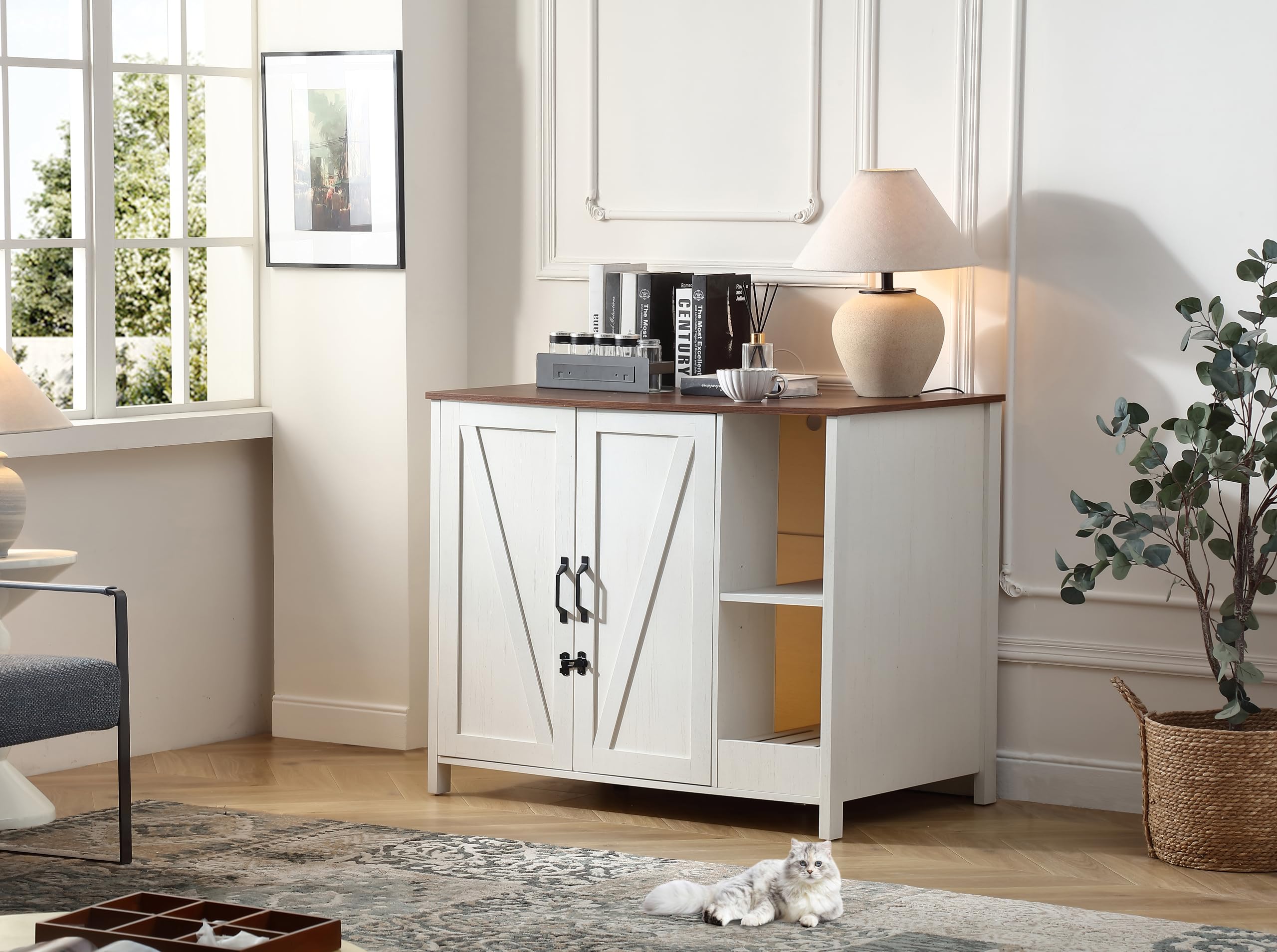 Automatic Self-Cleaning Cat Litter Box Enclosure with Adjustable Shelf - Dog Proof Storage & Charging Station - Secure Lock System for Cats - Large Indoor Cat House in Antique White - Perfect for Multi-Pet Homes & Small Spaces