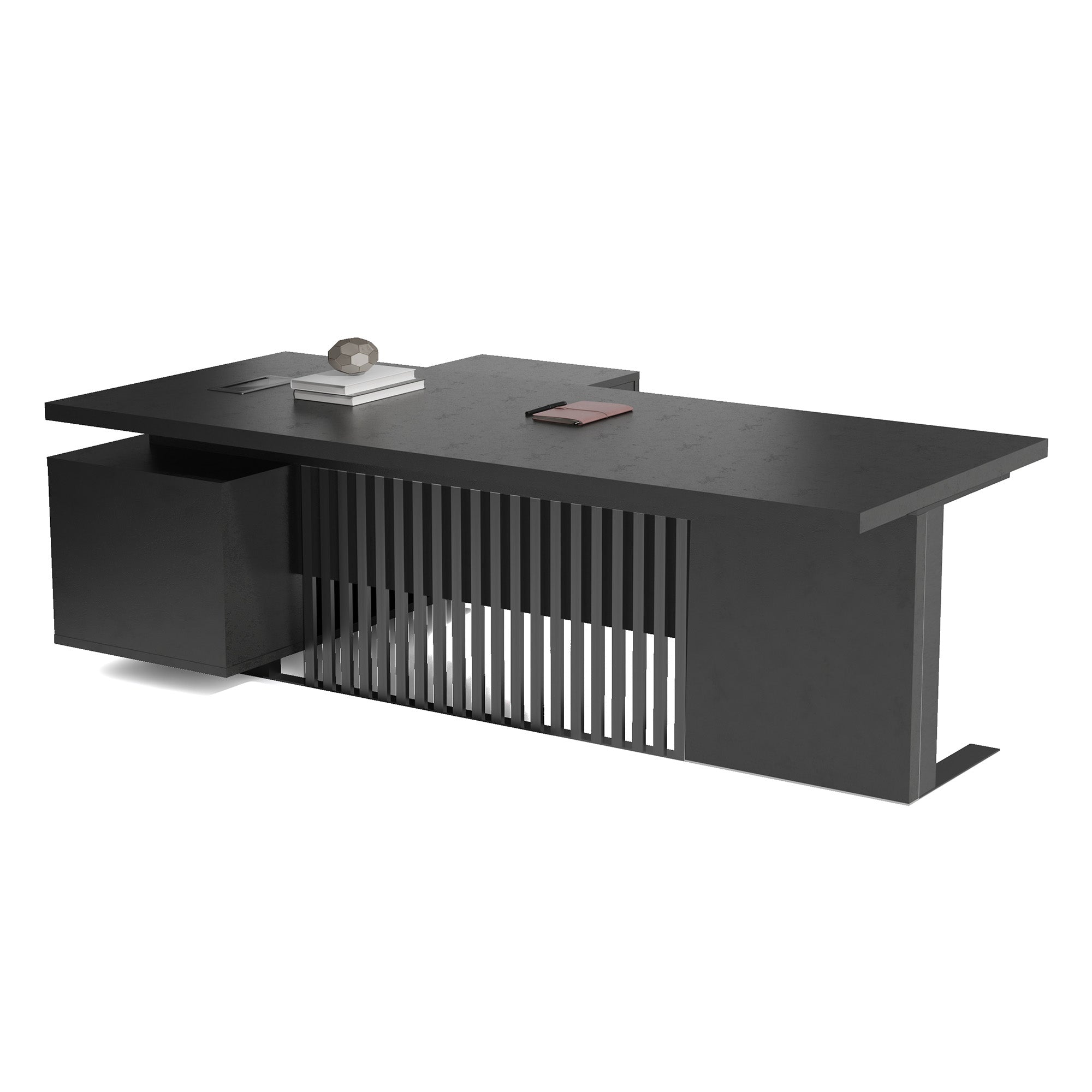 Premium Black Executive Desk with Right Return - 200cm Modern Office Desk in Black Concrete Finish - Perfect for Home Office, Corporate Workspace & Professional Environments