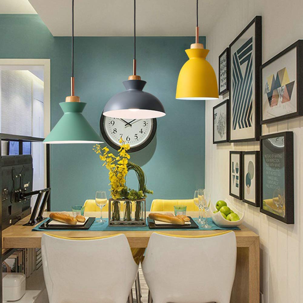 Swag Plug-in Pendant Light with Wooden Handle - 20ft UL Certified Cord with On/Off Dimmer Switch - Macaron Yellow Lampshade Loft Style Lighting for Dining Room, Kitchen Island & Bedroom (Bulbs Not Included)