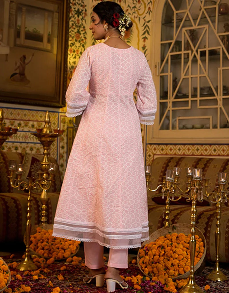 Anarkali Kurta Trouser With Dupatta Set - Baby Pink Pure Cotton Pant Suit for Women | Traditional Indian Ethnic Wear for Festivals, Weddings & Special Occasions