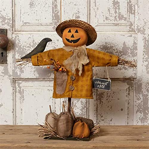Primitive Halloween Fall Decor - Handmade Crow Pumpkin Head Scarecrow Doll for Home & Garden Decor | Spooky Autumn Table Centerpiece, Porch Display, and Seasonal Home Decoration