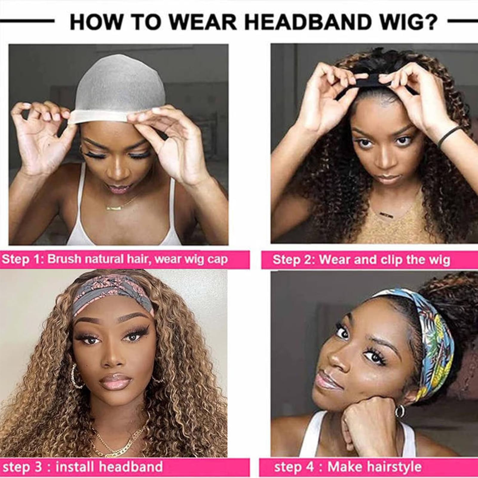 Ombre Highlight Headband Wig Human Hair #4/27 Colored Kinky Curly Glueless Lace-Free Wig for Black Women - Brazilian Virgin Hair 150% Density 26 Inch - Perfect for Daily Wear, Parties & Protective Styling