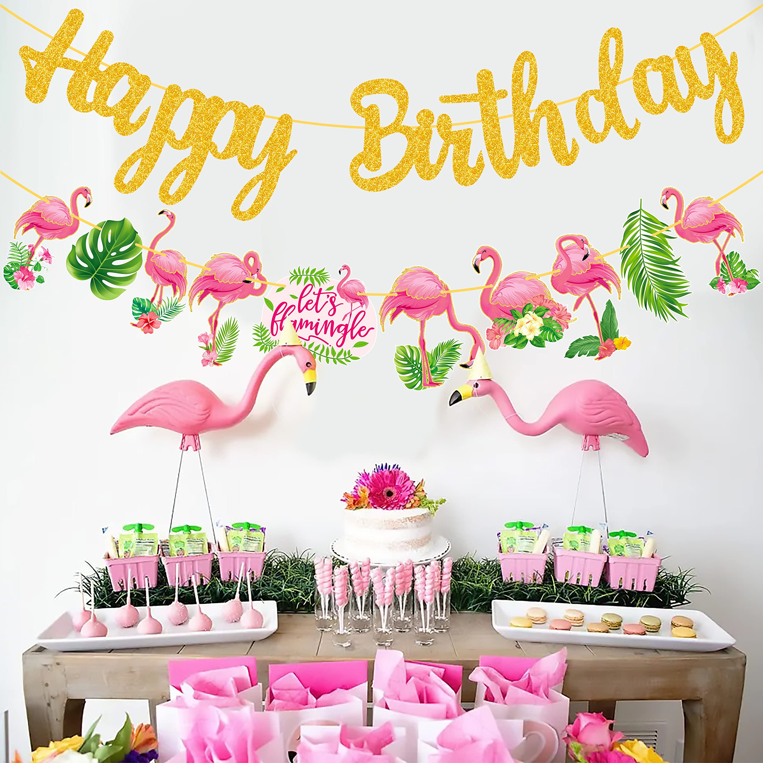 Flamingo Birthday Party Banner - Gold Glitter Happy Birthday Decor for Tropical Luau & Hawaii Theme Party Supplies | Perfect for Beach, Poolside & Summer Birthday Celebrations
