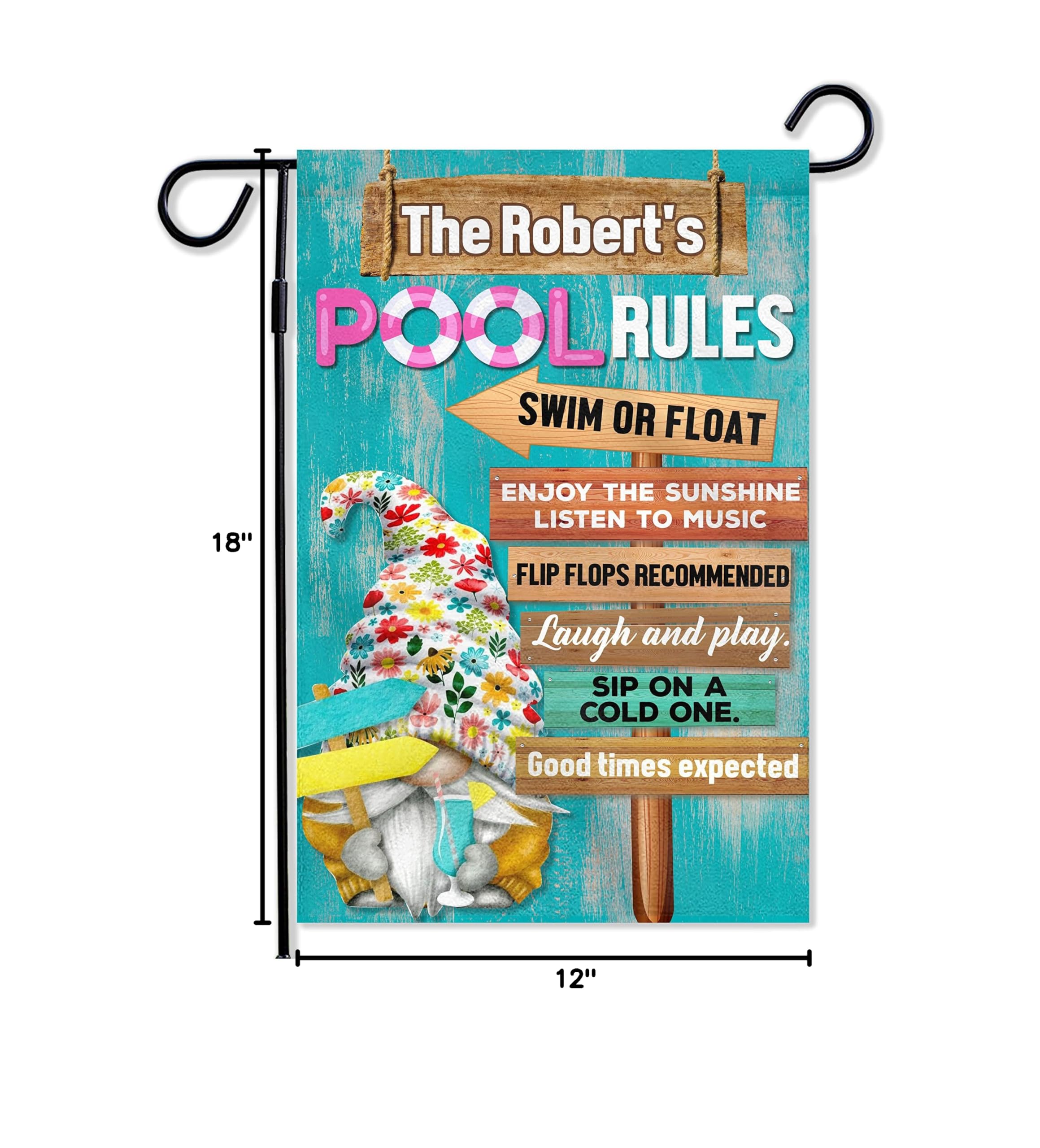 Personalized Summer Pool Rules Garden Flag - Double Sided 12x18 Inch Swimming Pool Banner with Beachy Design, Perfect for Beach House Decor, Backyard Parties & Outdoor Poolside Decoration | Durable Vertical Yard Flag with Fun Pool Gnome Signs