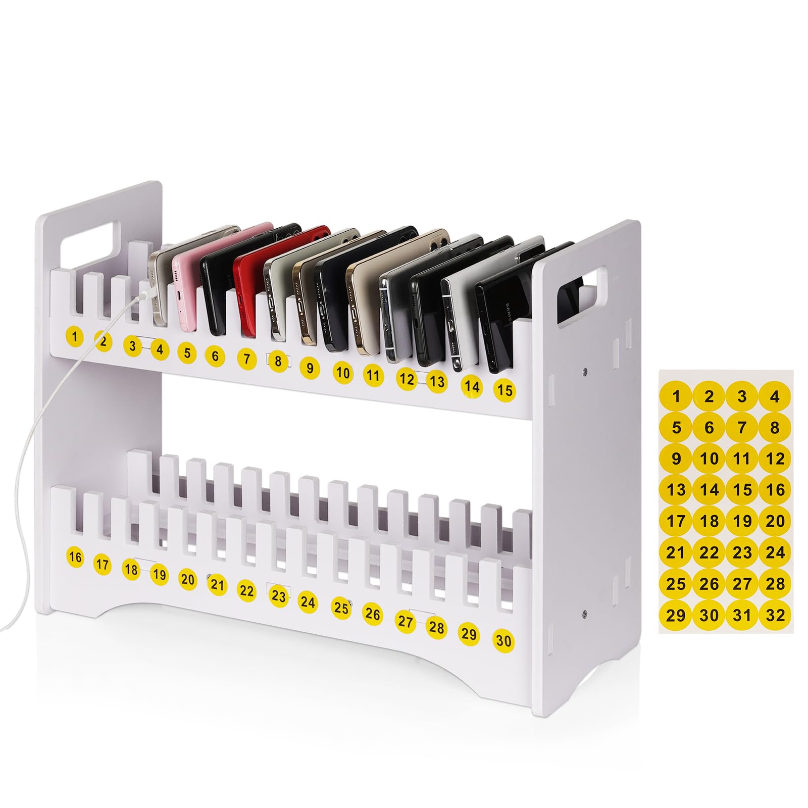 30-Slot PVC Cell Phone Holder Stand with Number Stickers - 2-Tier Classroom & Office Organizer for Phones, Tablets - Perfect for Schools, Meetings & Workspaces