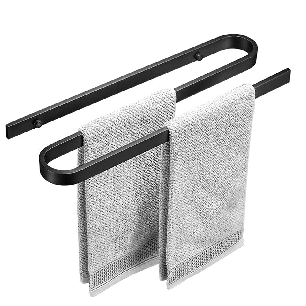 Black Wall Mounted No Drill Adhesive Towel Shelf Rack - 2 Tier Space Saving Aluminum Towel Bar for Kitchen & Bathroom - Perfect for Small Spaces & Modern Home Decor