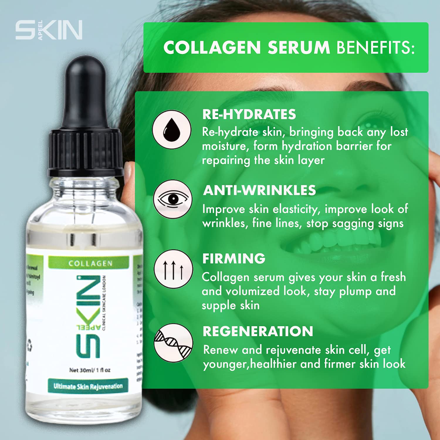 30ml Collagen Serum for Face - 1 fl. oz Anti-Aging Clinical Skincare Made in UK - Best with Microneedle Derma Roller & Stamp for Wrinkles & Fine Lines - Perfect for Night Routine & Daily Skincare Regimen
