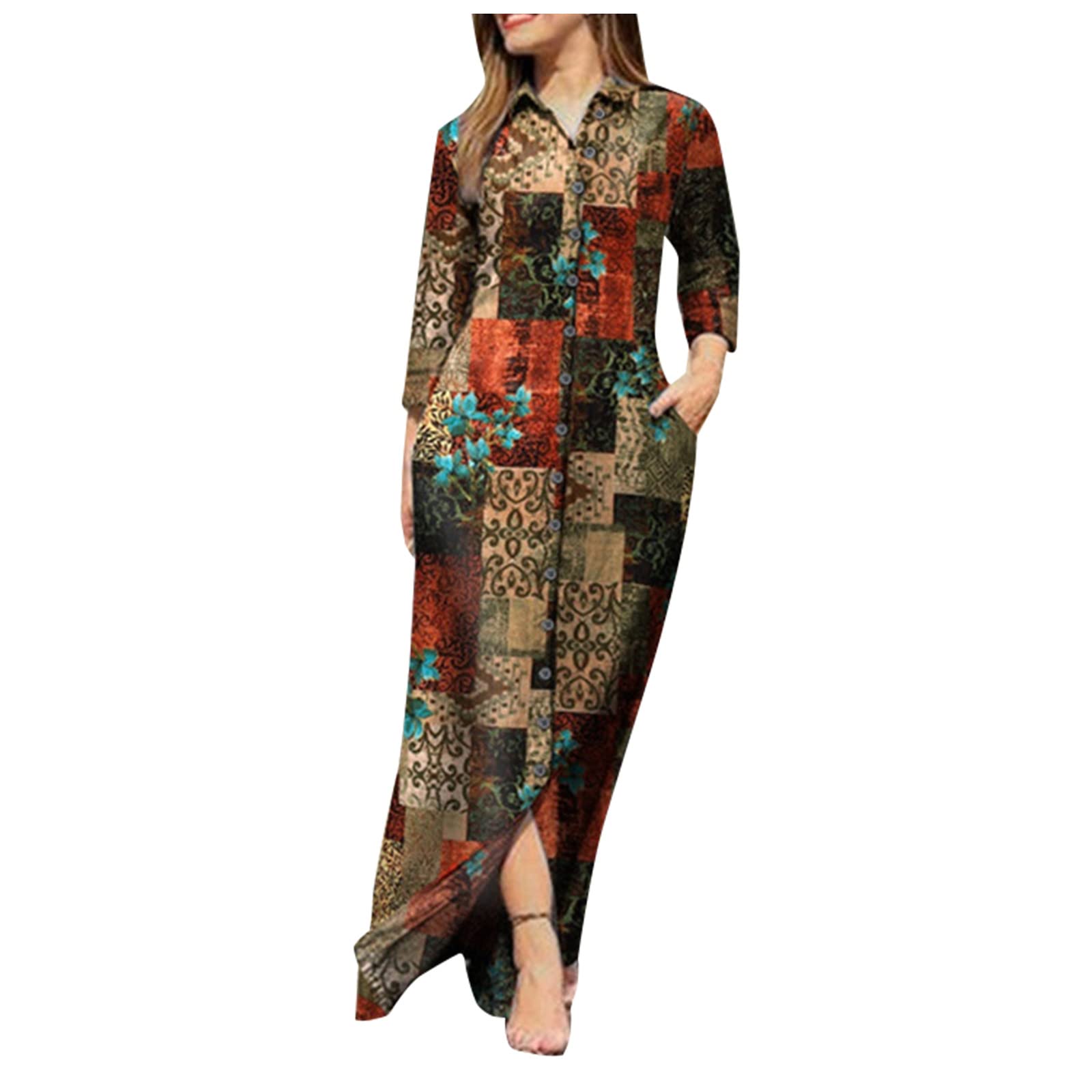 Fragarn Women's Vintage Floral Print Long Sleeve Button Neck Casual Spring Dress with Pockets - Perfect for Daily Wear, Office, Dating & Special Occasions