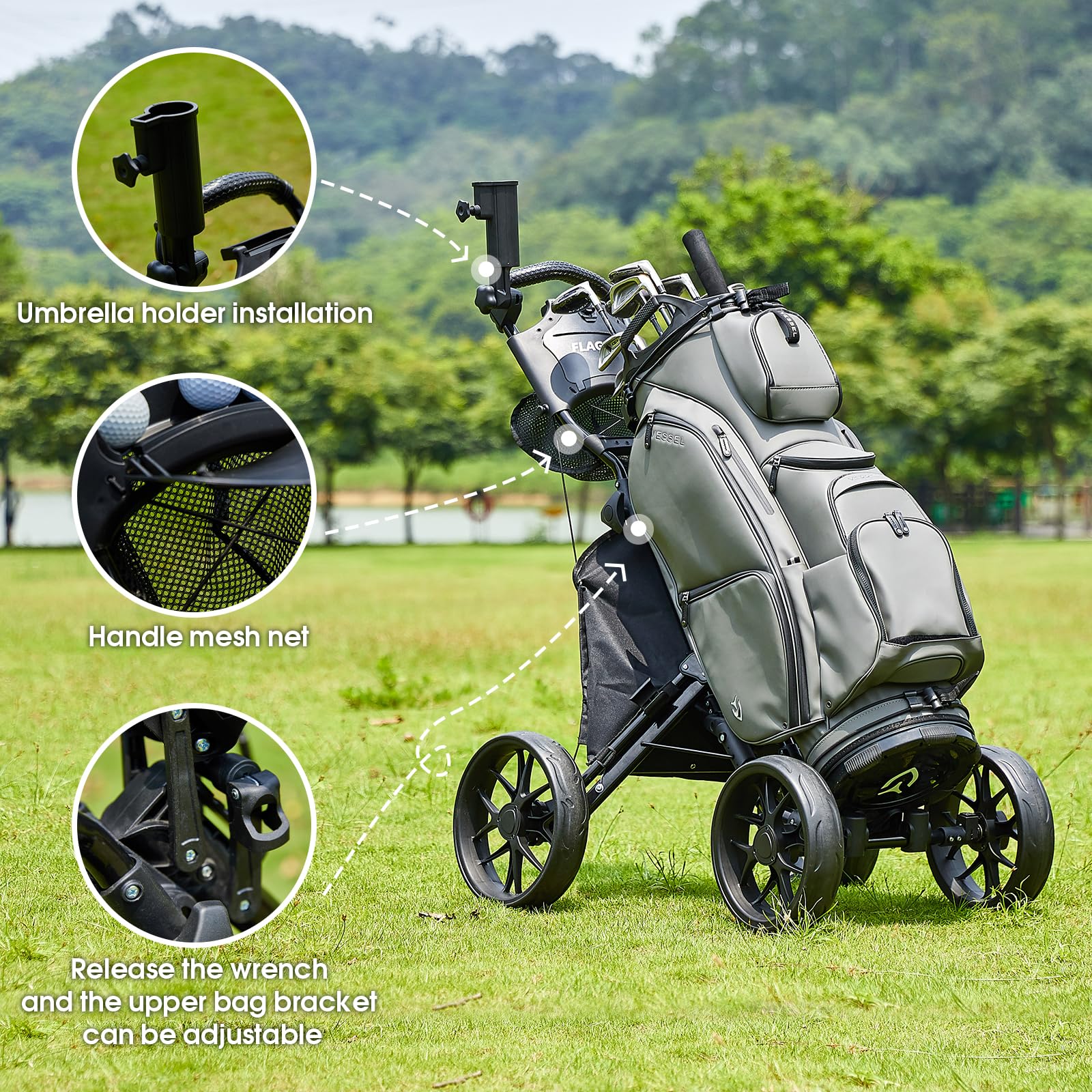 4-Wheel Folding Golf Push Cart with Cup Holder, Umbrella Holder & Cooler Bag - One-Click Foldable Design, Adjustable Handle Height - Perfect for Walking Golfers on the Course or Driving Range