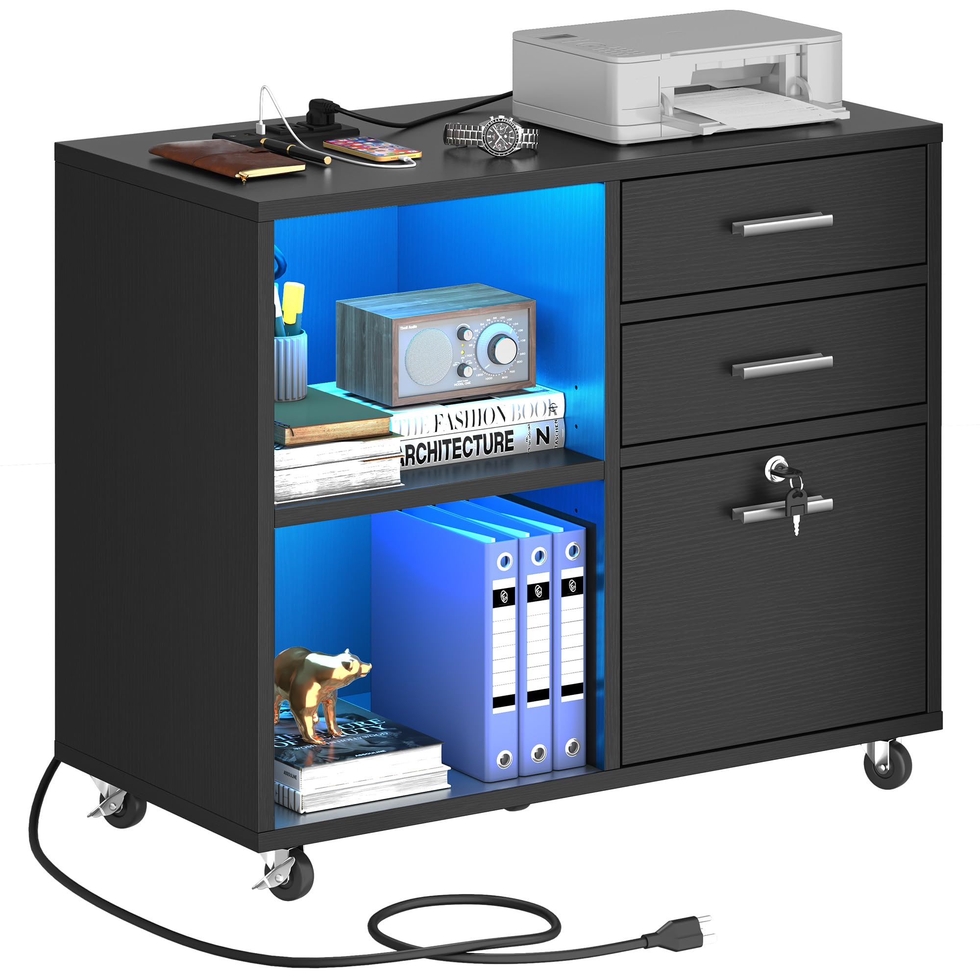 YITAHOME 3-Drawer Wooden File Cabinet with Wheels - Mobile Lateral Storage Cabinet, Printer Stand with Charging Station & LED Light for Home Office Organization - Black - Perfect for Small Spaces, Document Storage and Workspace Organization